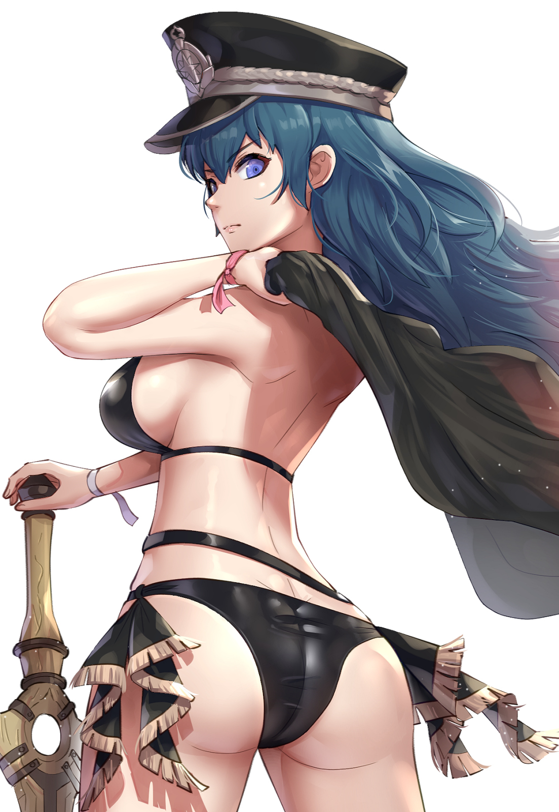 1girls, ass, back, back view, bare arms, bare back, bare legs, big ass, bikini, black bikini, black swimsuit, blue eyes, breasts, byleth (fire emblem), byleth (fire emblem) (female), cape, female, fire emblem, fire emblem heroes, fire emblem: three houses, frown, gonzarez, hat, high heels, large ass, large breasts, looking at viewer, looking back, medium hair, nintendo, serious, sideboob, solo, swimsuit, sword, sword of the creator, teal hair, thighs, weapon, wind