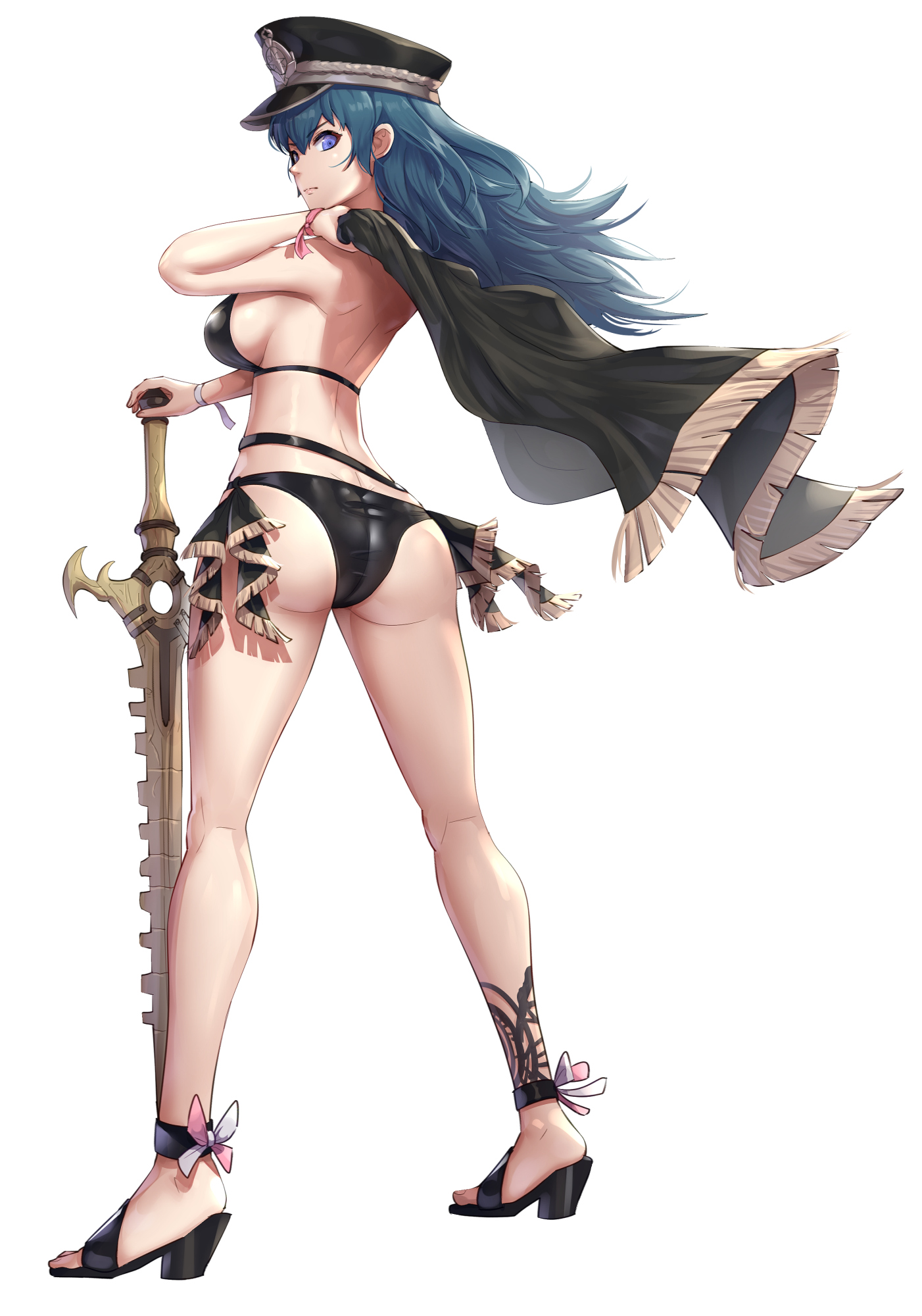 1girls, ass, back, back view, bare arms, bare back, bare legs, big ass, bikini, black bikini, black swimsuit, blue eyes, blue hair, breasts, byleth (fire emblem), byleth (fire emblem) (female), cape, female, fire emblem, fire emblem heroes, fire emblem: three houses, frown, gonzarez, hat, high heels, large ass, large breasts, lipstick, long hair, looking at viewer, looking back, medium hair, nintendo, sandals, serious, sideboob, solo, swimsuit, sword, sword of the creator, teal hair, thighs, weapon, white background, wind