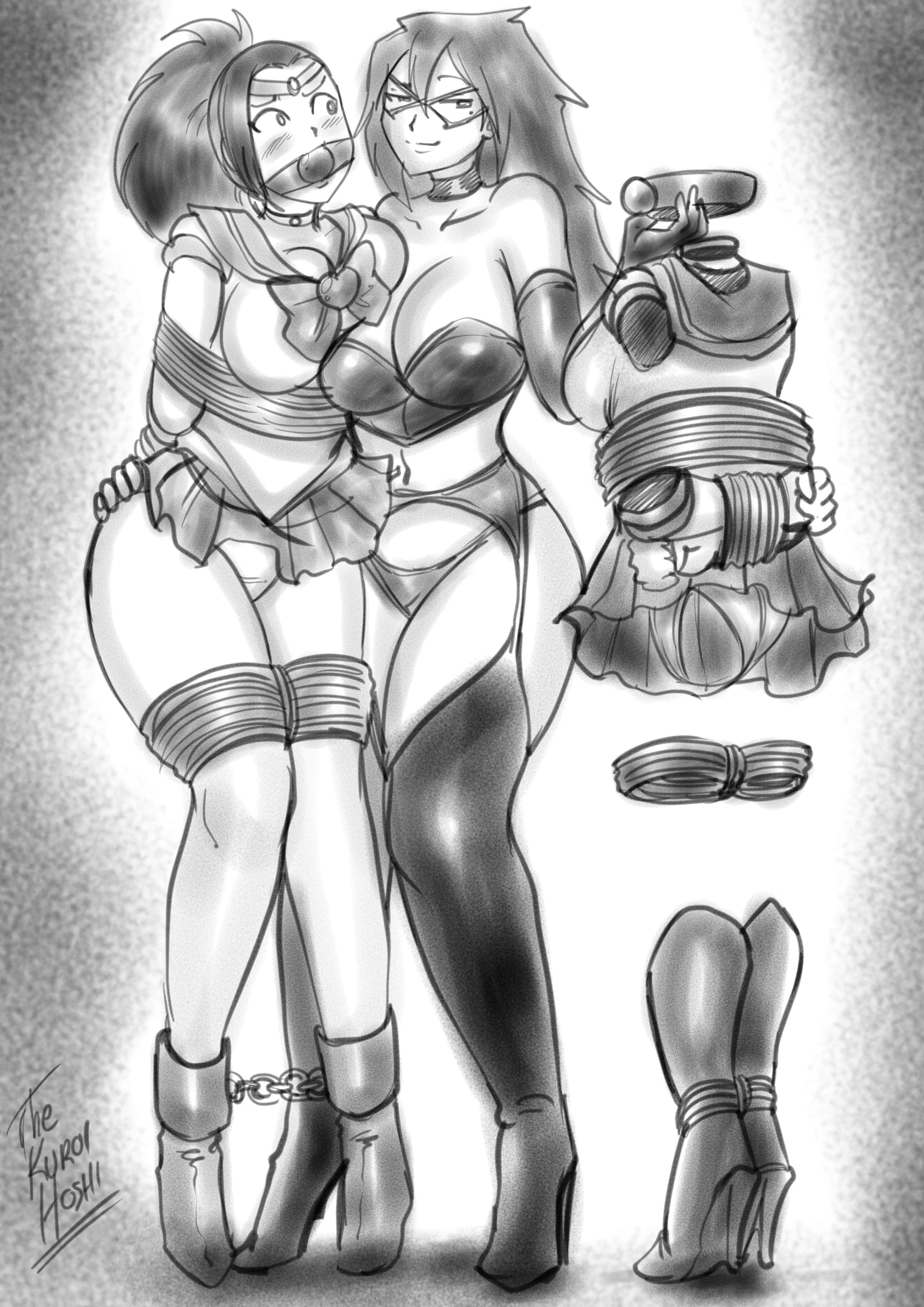 3girls, ankle cuffs, arms behind back, ass, ball gag, big ass, big breasts, big butt, bimbo, black and white, boku no hero academia, bondage, boots, breasts, busty, chains, dakuroihoshi, dominatrix, drawing, female, femdom, femsub, fenrilhuayra, gag, gagged, hagakure tooru (invisible), huge breasts, invisible, invisible girl, lezdom, mask, midnight (my hero academia), momo yaoyorozu, multiple females, multiple girls, multiple subs, my hero academia, nemuri kayama, rope, sailor senshi uniform, sailor uniform, teenager, tied up, tooru hagakure, tooru hagakure (invisible), yuri