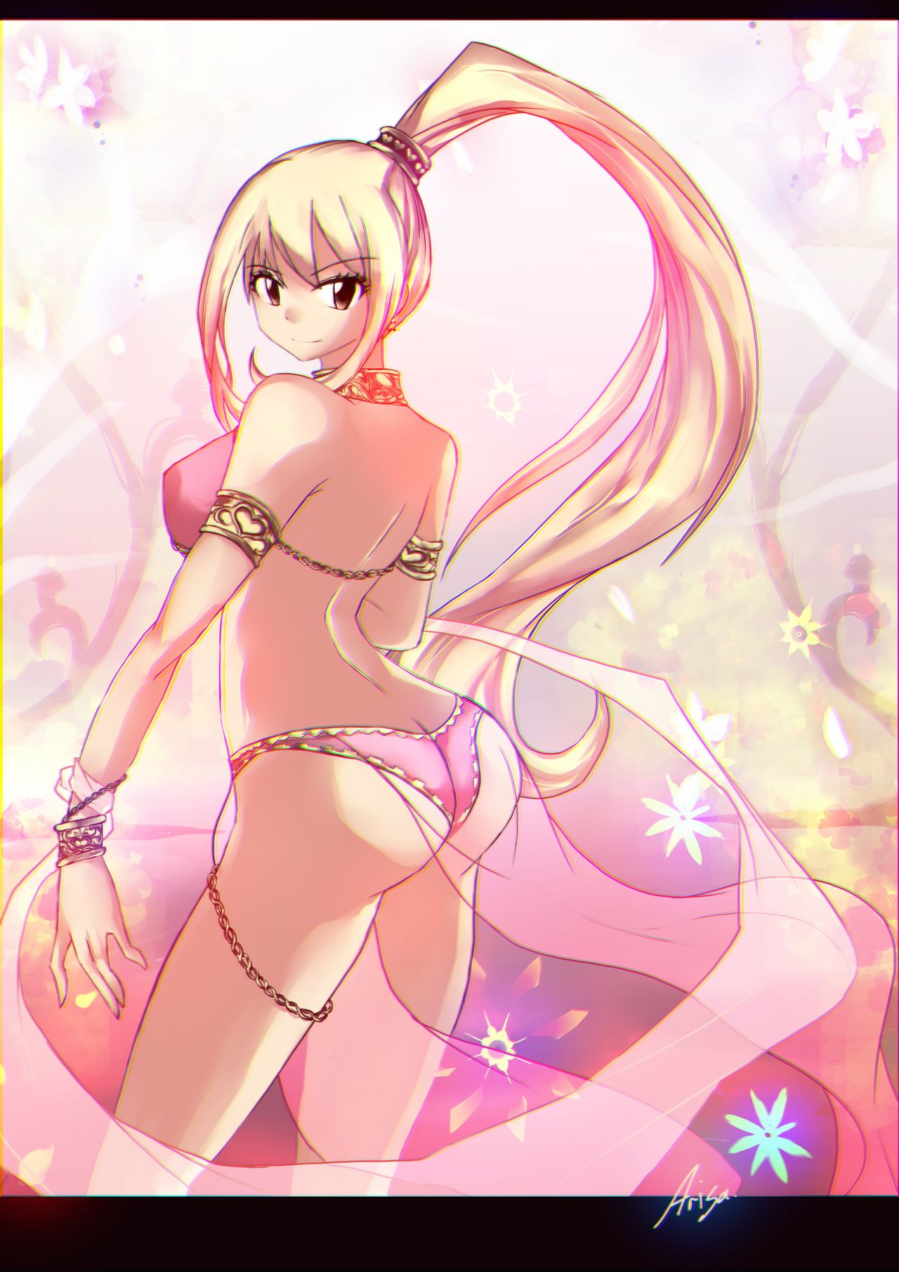 1girls, arisa01, armlet, ass, belly dancer, belly dancer outfit, blonde hair, blonde-haired female, bracelet, breasts, bubble ass, bubble butt, dancer, dancer outfit, fairy tail, female, female only, harem girl, harem outfit, hazel eyes, jewelry, large breasts, loincloth, looking at viewer, looking over shoulder, lucy heartfilia, lucy heartfilia (belly dancer), slave, slave collar, slave outfit, solo