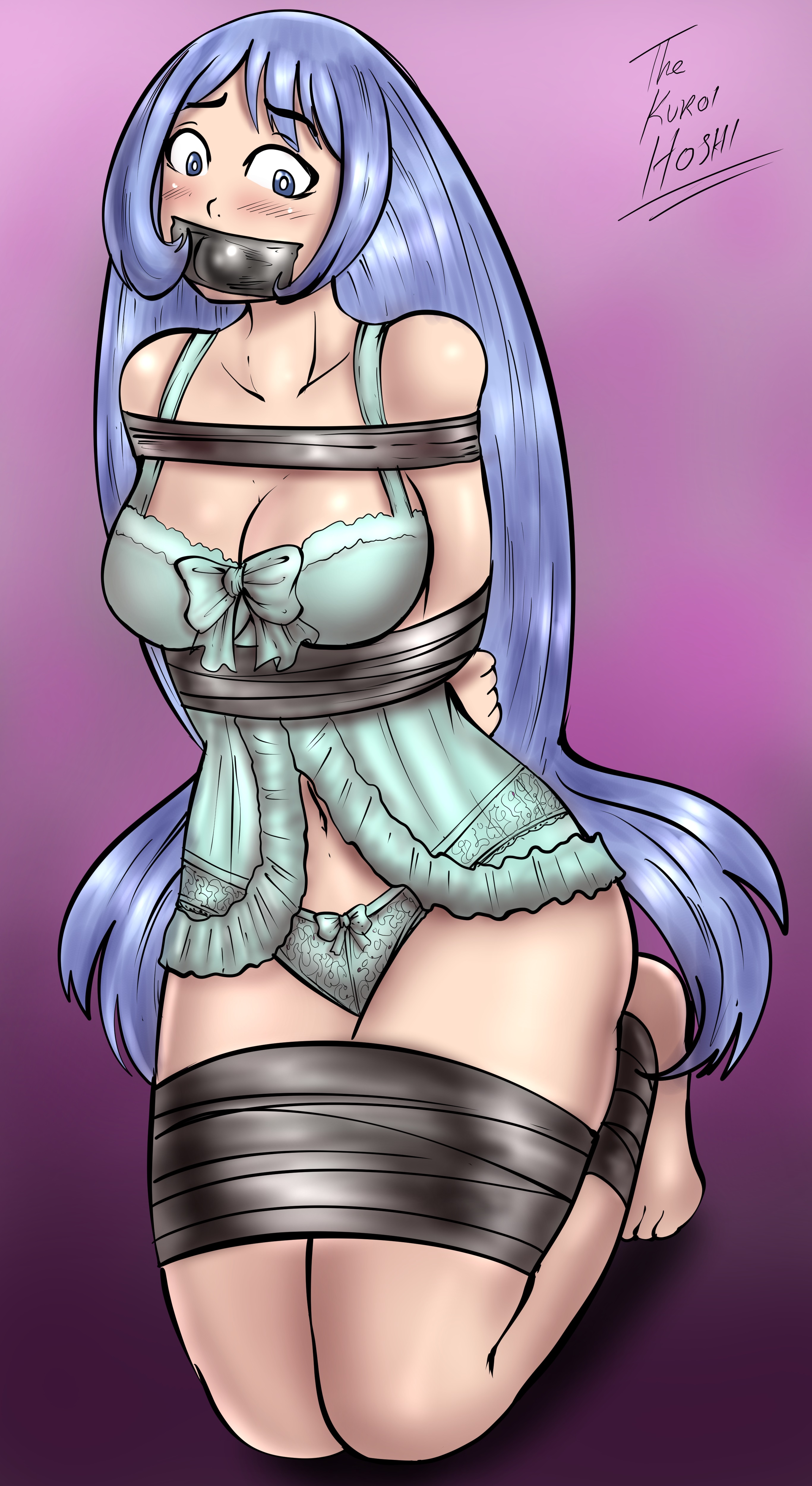 1girls, arms behind back, blue hair, blue-haired female, bondage, dakuroihoshi, drawing, female, fenrilhuayra, gag, gagged, lingerie, long hair, my hero academia, negligee, nejire hado, nightgown, panties, tagme, tape, tape bondage, tape gag, taped mouth, tied up