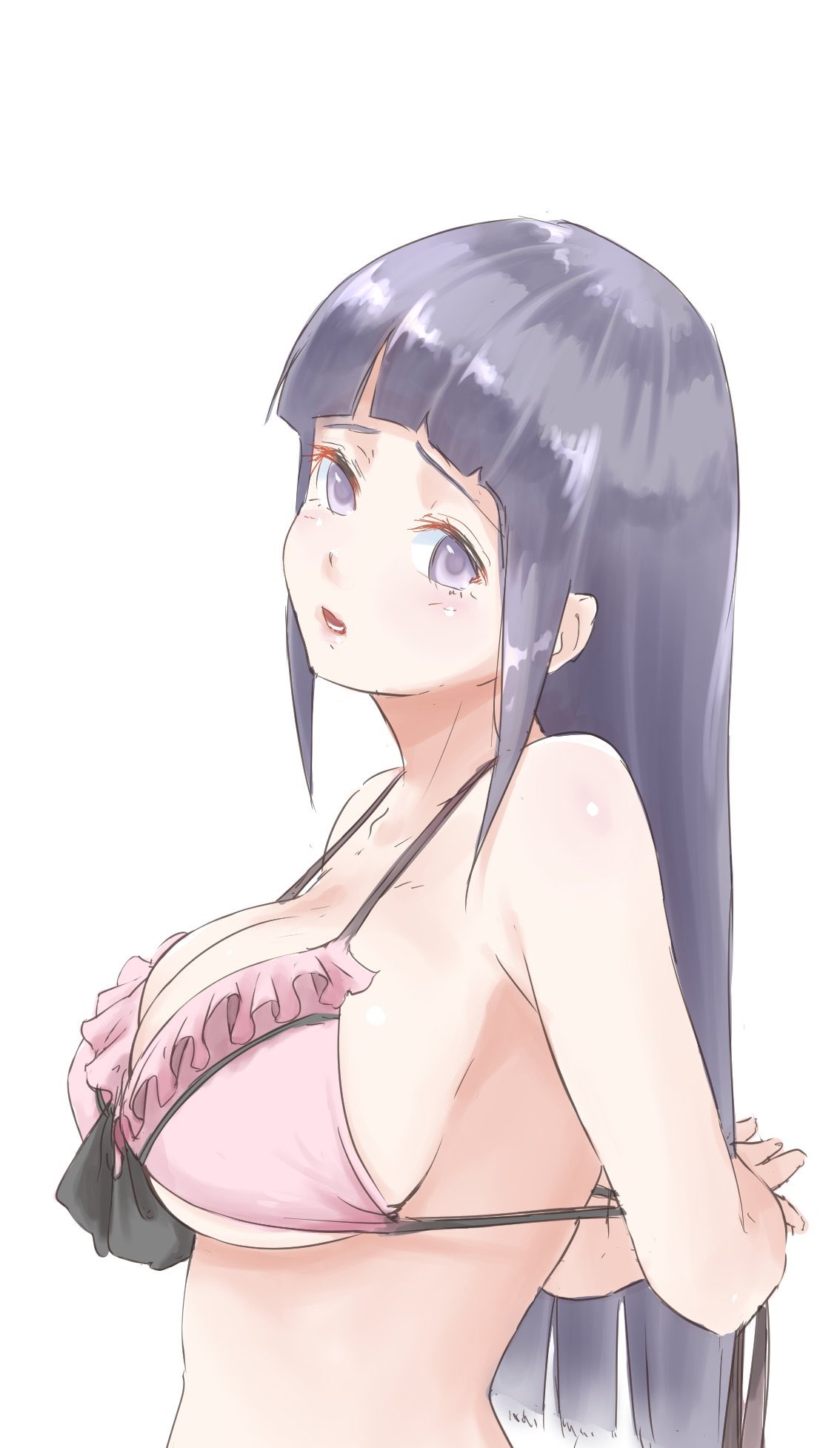 1girls, adjusting swimsuit, big breasts, bikini, breasts, cleavage, female, female only, hyuuga hinata, long hair, looking at viewer, naruto, naruto (series), naruto shippuden, purple hair, sideboob, upper body, violet eyes
