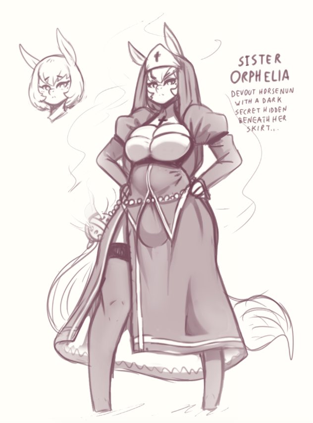 1futa, animal humanoid, anthro, big breasts, breasts, bulge, clothed, clothing, english text, female, fully clothed, furry, futa only, futanari, habit, hands on hips, horse ears, horse girl, intersex, monochrome, nun, ophelia (secretly saucy), original, original character, secretly saucy, solo, text, thighhighs