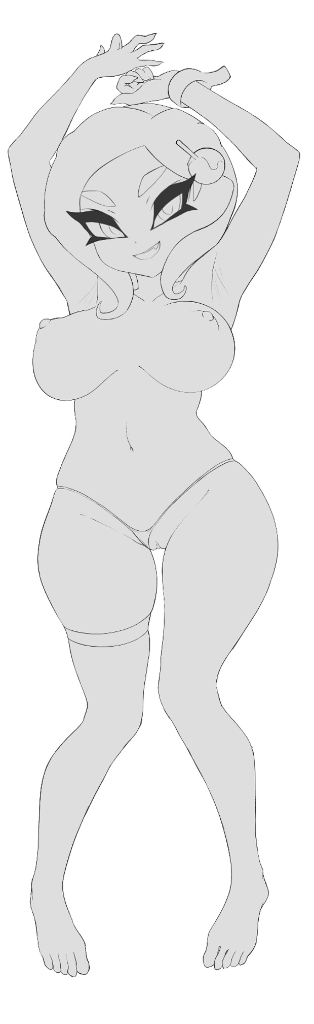 1girls, agent 8 (splatoon), armpits, arms up, barefoot, big breasts, breasts, busty, completely nude, female, female only, jtveemo, navel, nintendo, nude, octoling, octoling girl, pussy, solo, splatoon, splatoon 2, tentacle hair, underwear aside, unfinished, vagina
