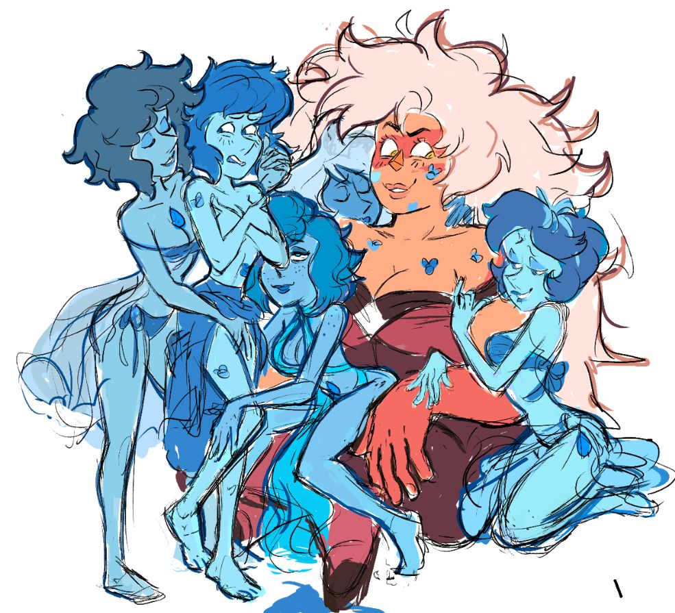 6girls, alien, artist request, assertive, assertive female, blue hair, blue skin, blush, blushing, breasts, cartoon network, cleavage, embarrassed, female, female only, gem (species), gemsona, group, jasper (steven universe), kiss mark, lapis lazuli (gem), lapis lazuli (steven universe), larger female, lipstick mark, long hair, lots of lipstick marks, multiple females, multiple girls, muscle worship, muscles, no, orange skin, short blue hair, short hair, sitting on lap, size difference, steven universe, tagme, topless, topless female, undressing, white background, yuri