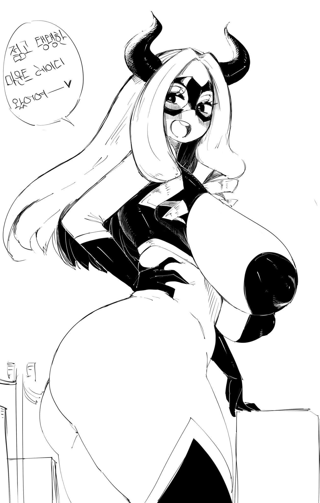 ass, belly, big ass, big breasts, blinking, bodysuit, breasts, coffing (artist), eye mask, female, female focus, female only, giant, giantess, gigantic ass, gigantic breasts, gloves, hand on hip, horns, looking at another, looking back, looking to the side, mask, mount lady, my hero academia, no bra, no panties, open mouth, pasties, wide hips, wide thighs, yuu takeyama