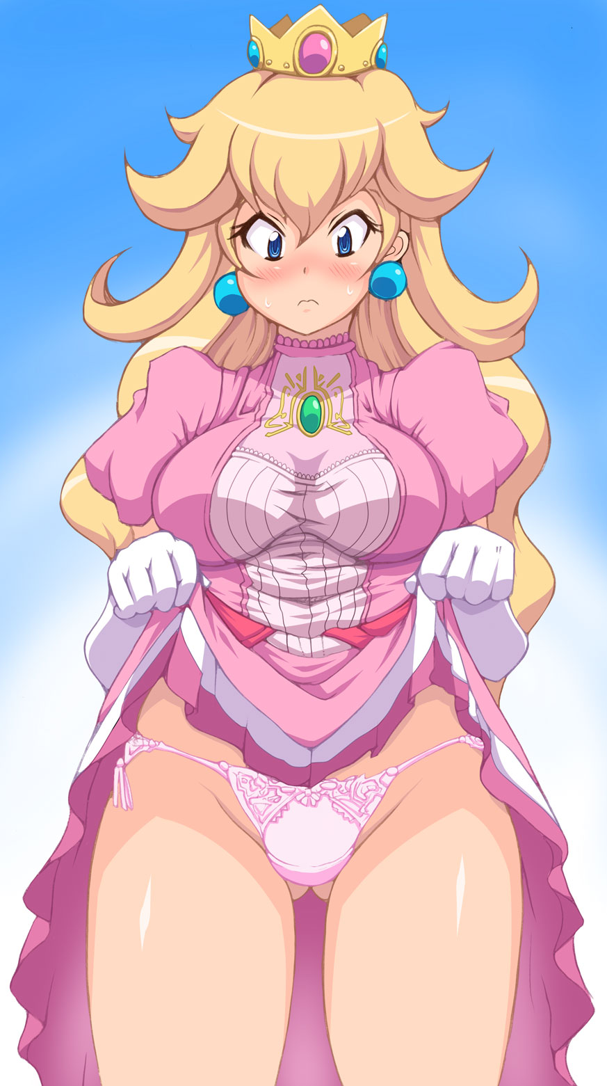 1girls ass_visible_through_thighs big_breasts blonde_hair blue_background blue_eyes blush bow bow_panties breasts brooch clothed clothing cougar1404 crown dress dress_lift earrings elbow_gloves female female_only gloves gown gradient_background lifted_by_self long_hair looking_down mario_(series) nintendo panties pink_dress pink_panties princess princess_peach simple_background solo source_request standing sweat thick_thighs thighs underwear upskirt