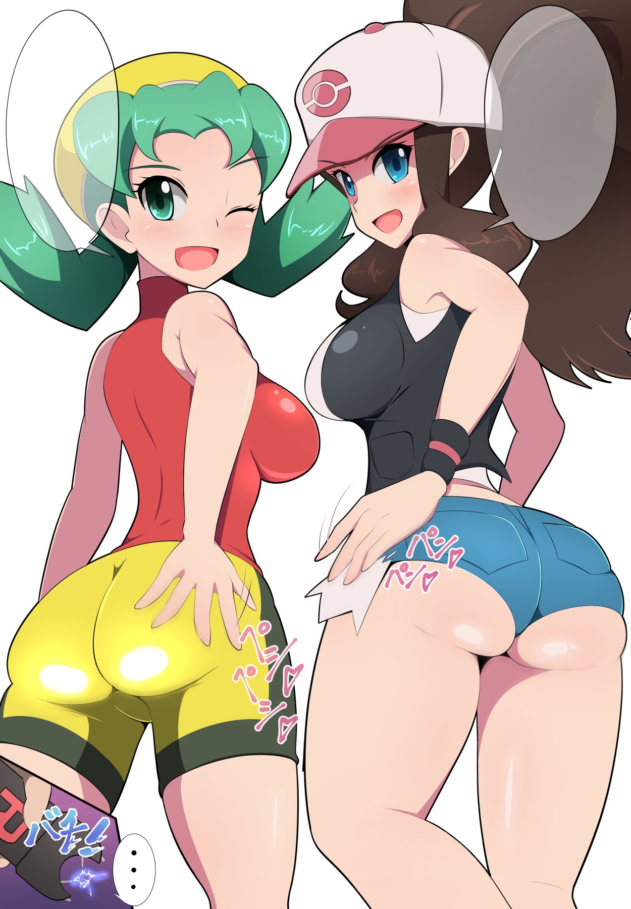 ... 2girls aged_up alternate_breast_size ass big_breasts clothed clothed_female female_focus female_only halubato hilda_(pokemon) kris_(pokemon) long_hair pokemon pokemon_bw pokemon_gsc pose short_hair shorts taser text