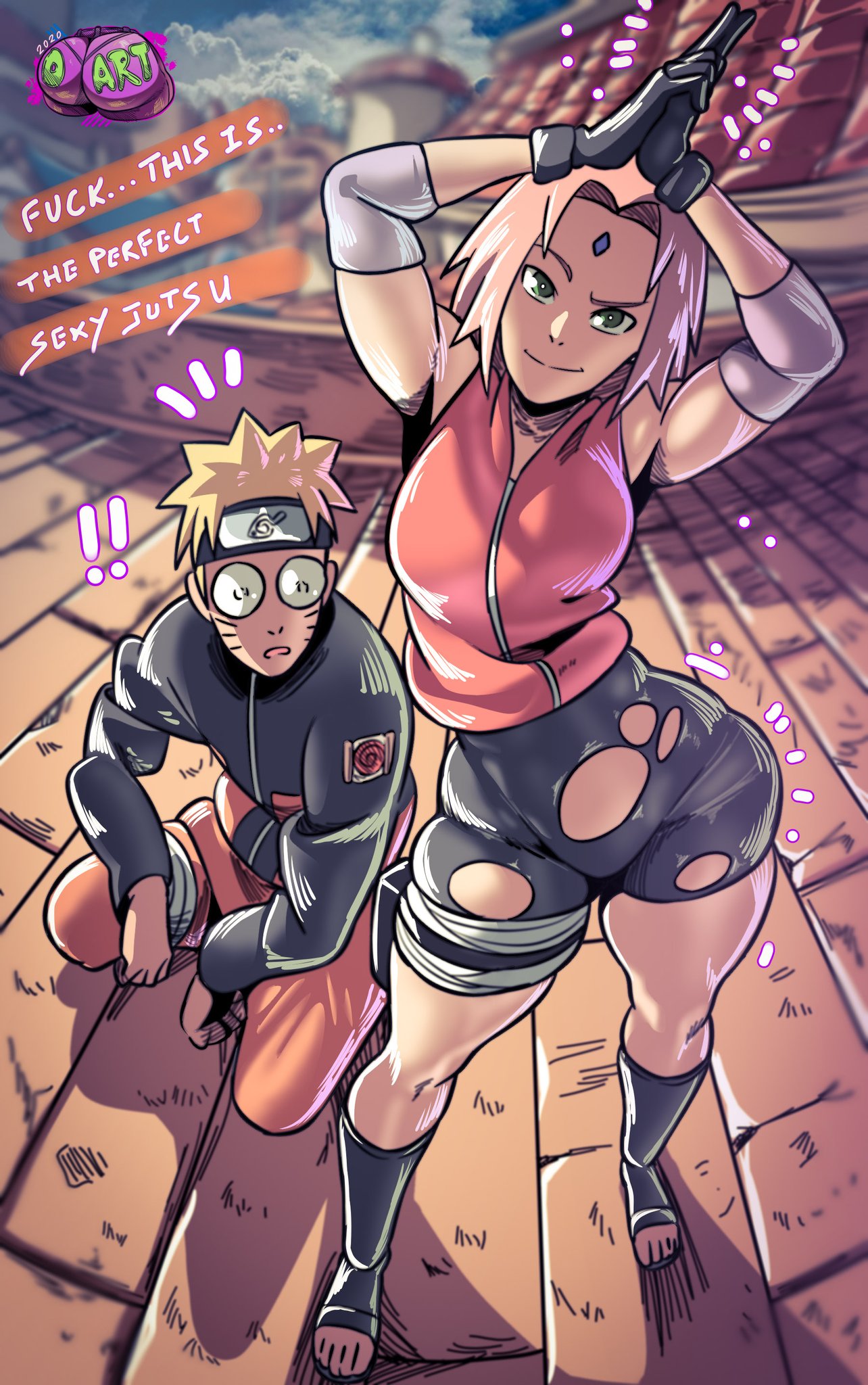 ! 1boy 1girls 2020 armpits artist_logo ass_expansion bike_shorts butt_expansion colored crouching curvy d-art detailed_background elbow_gloves feet female forehead_jewel forehead_protector full_body gloves green_eyes hand_seal hands_together jumpsuit looking_at_another male medium_breasts naruto naruto_shippuden pink_hair pointy_hair ripped_clothing sakura_haruno short_hair shorts shounen_jump squatting staring_at_ass thick_thighs thigh_expansion uzumaki_naruto wide_hips yellow_hair