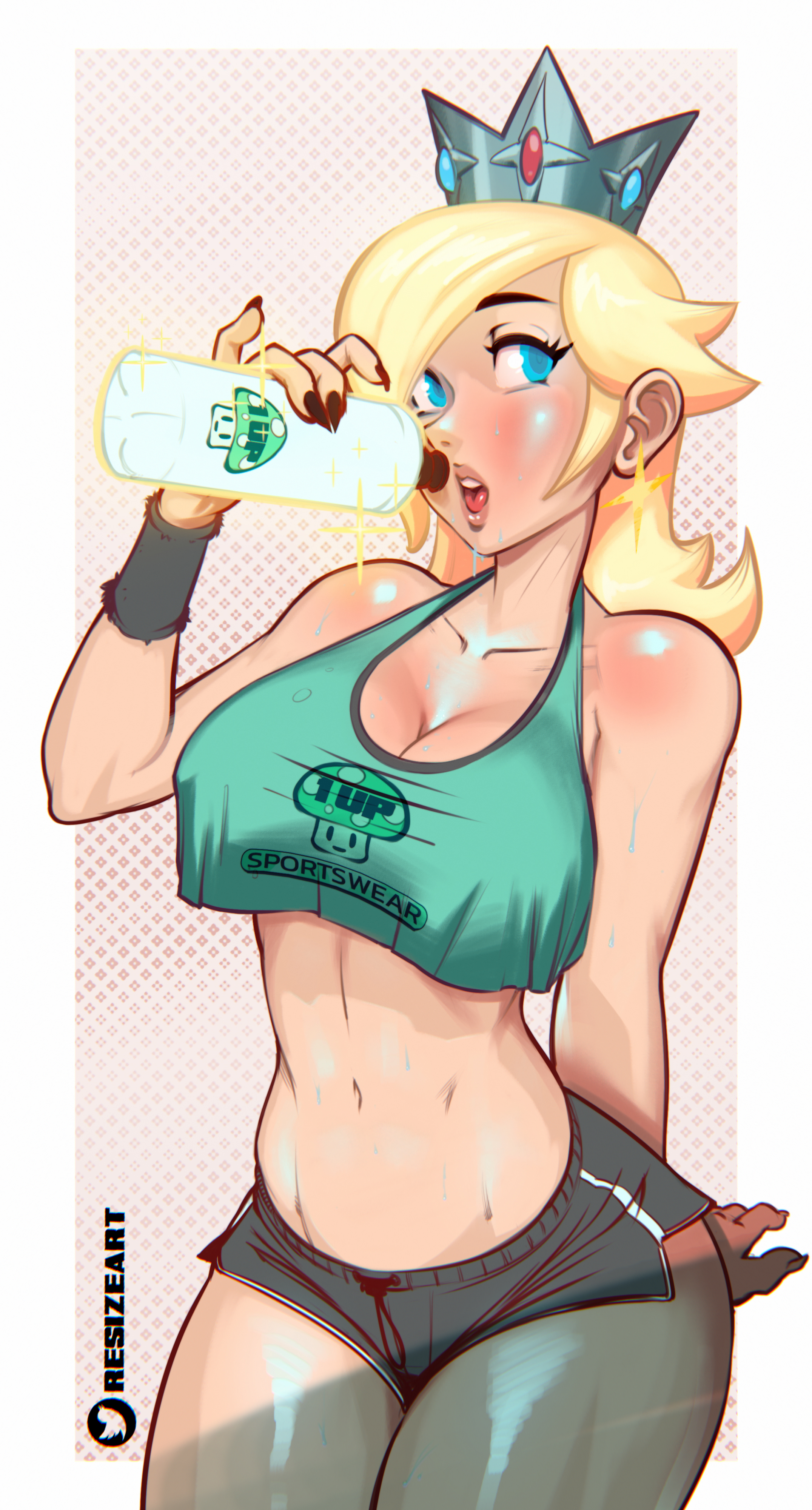 1girls, 2020, big breasts, black nails, blonde hair, blue eyes, booty shorts, breasts, cleavage, clothing, crown, curvy figure, earrings, female, female only, fingernails, high resolution, light skin, light-skinned female, long hair, looking at viewer, mario (series), midriff, minishorts, nail polish, nintendo, pale skin, pale-skinned female, princess rosalina, resize (artist), shorts, simple background, solo, sports bra, standing, super mario galaxy, sweat, thick thighs, thighs, water bottle, white border, white skin