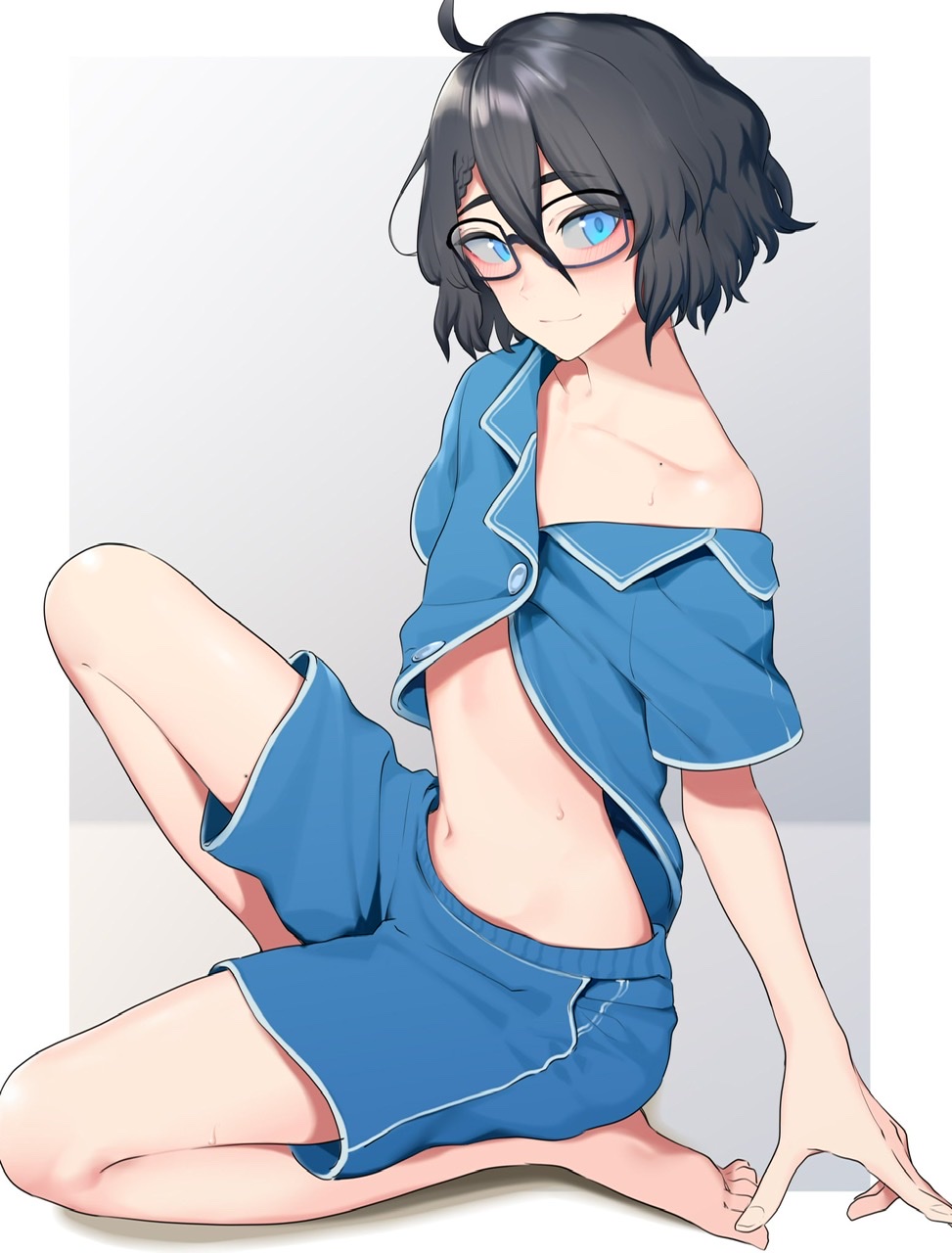 1boy, artist self-insert, clothing, collarbone, femboy, girly, glasses, kusi zaki, kusi zaki (character), male, male only, midriff, pajamas, shirt unbuttoned, shorts, solo, trap, virtual youtuber