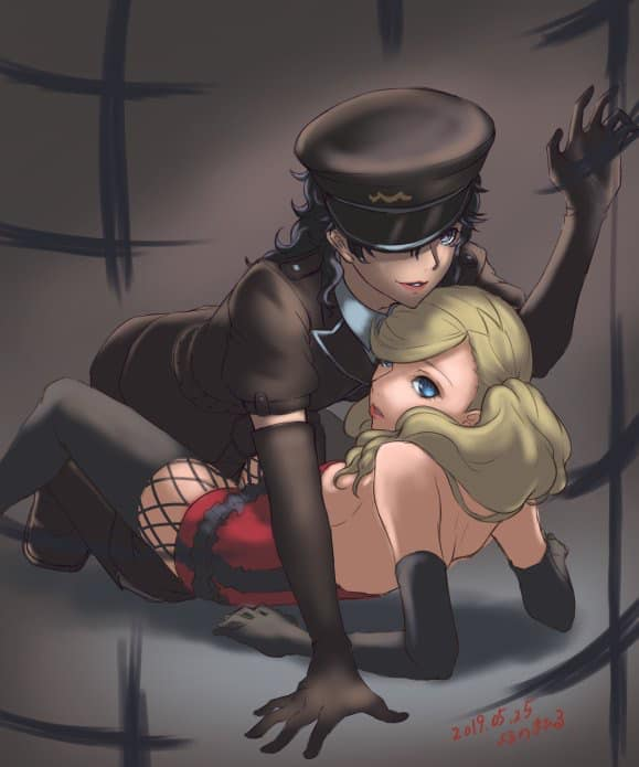 1boy 1girls akira_kurusu ann_takamaki breasts crossdressing elbow_gloves female femboy femboy_on_female gloves joker_(persona) low_res lowres male megami_tensei persona persona_5 persona_5:_dancing_star_night ren_amamiya straight thighhighs yorunomahiru