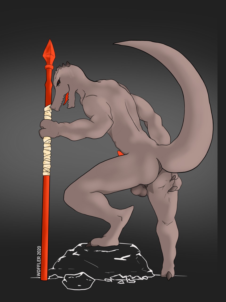 3:4 anthro balls crocodile crocodilian crocodylid genitals hi_res looking_at_viewer male male_only penis presenting raised_tail rak_wraithraiser reptile scalie solo staff tower_of_god woffler