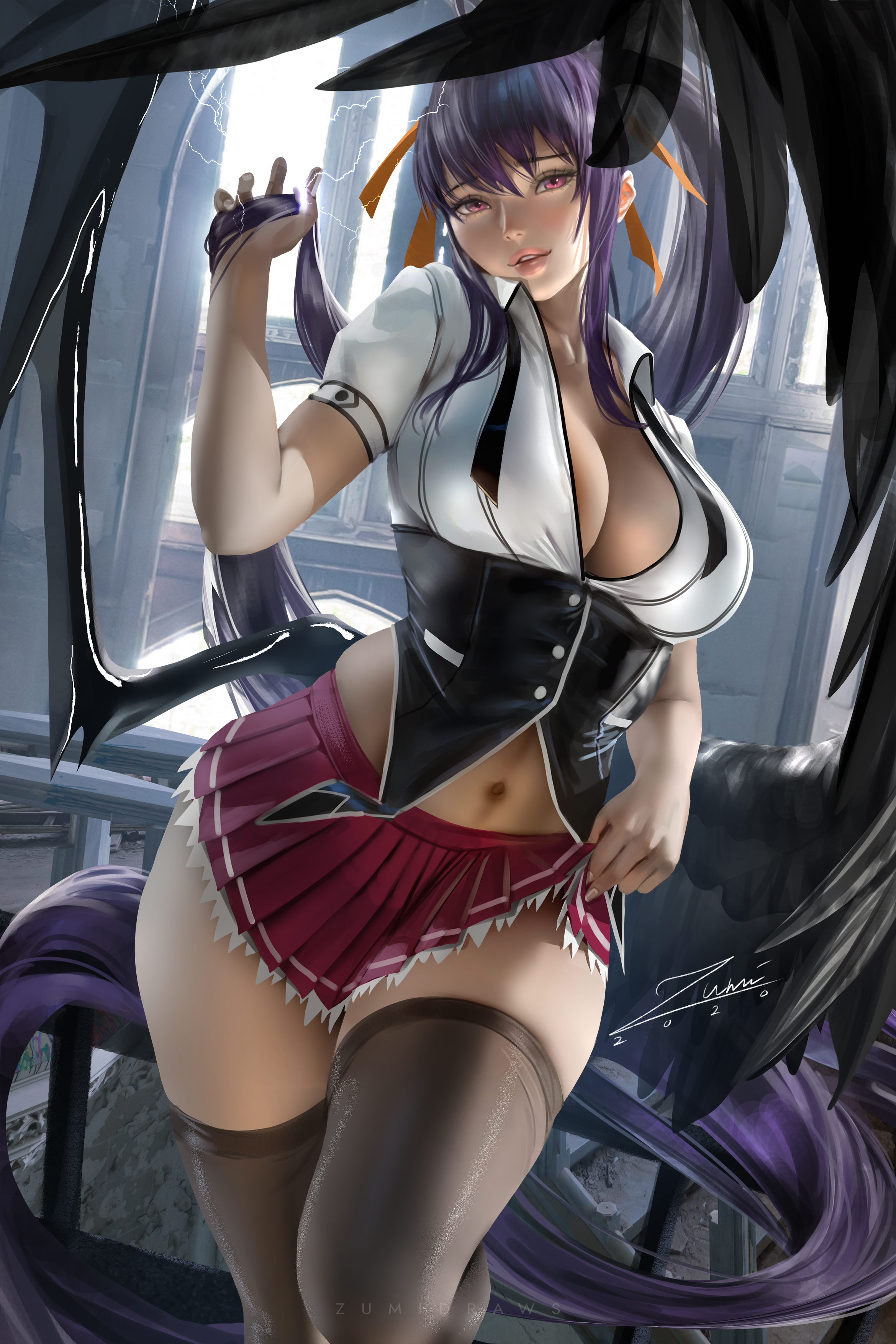 1girls, akeno himejima, breasts, demon, fallen angel, female, female only, high school dxd, humanoid, long hair, pink eyes, purple hair, skirt, solo, wings, zumi