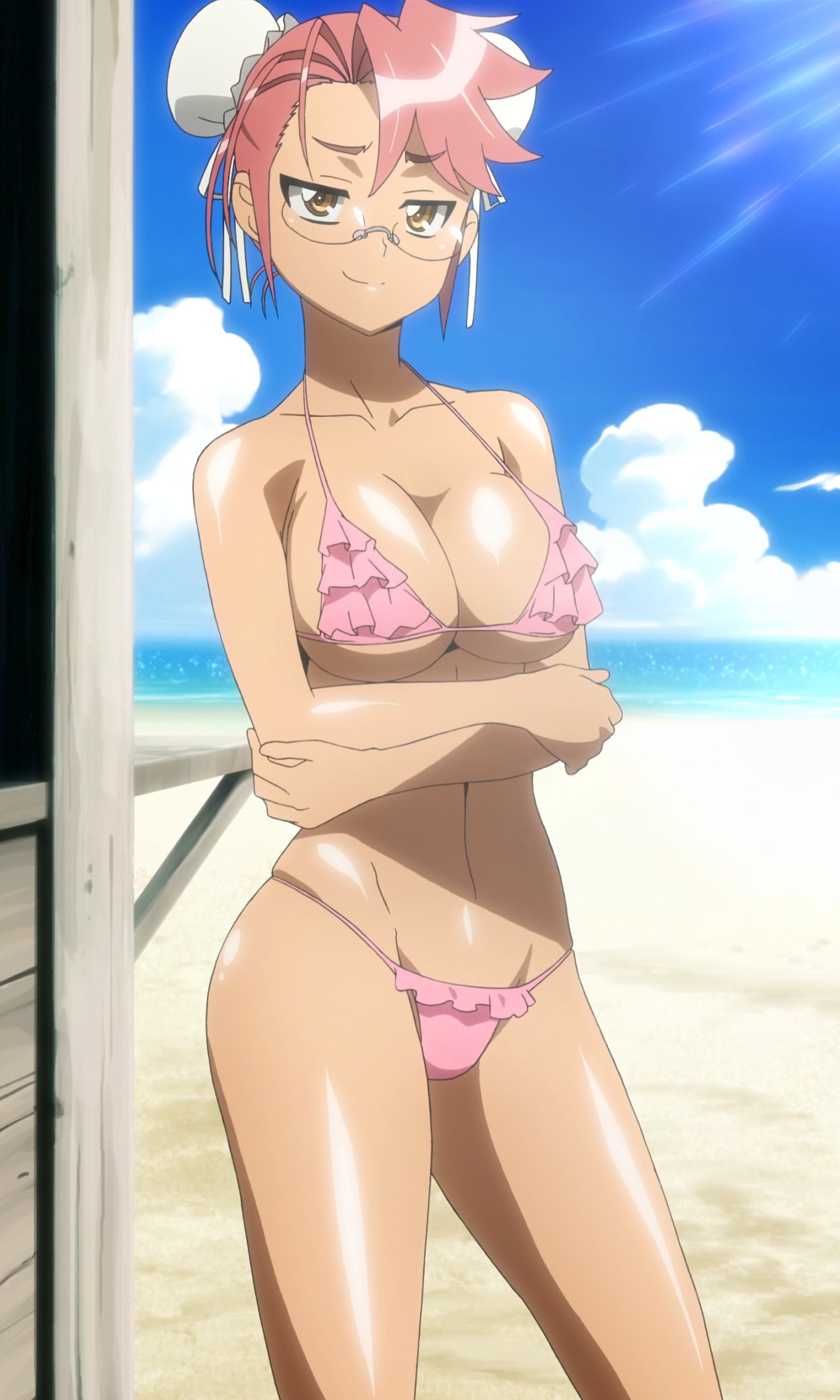 1girls, bikini, breasts, cap, cleavage, crossed arms, female, female only, glasses, highres, highschool of the dead, large breasts, pink hair, saya takagi, screencap, solo, stitched, sunlight, swimsuit, voluptuous