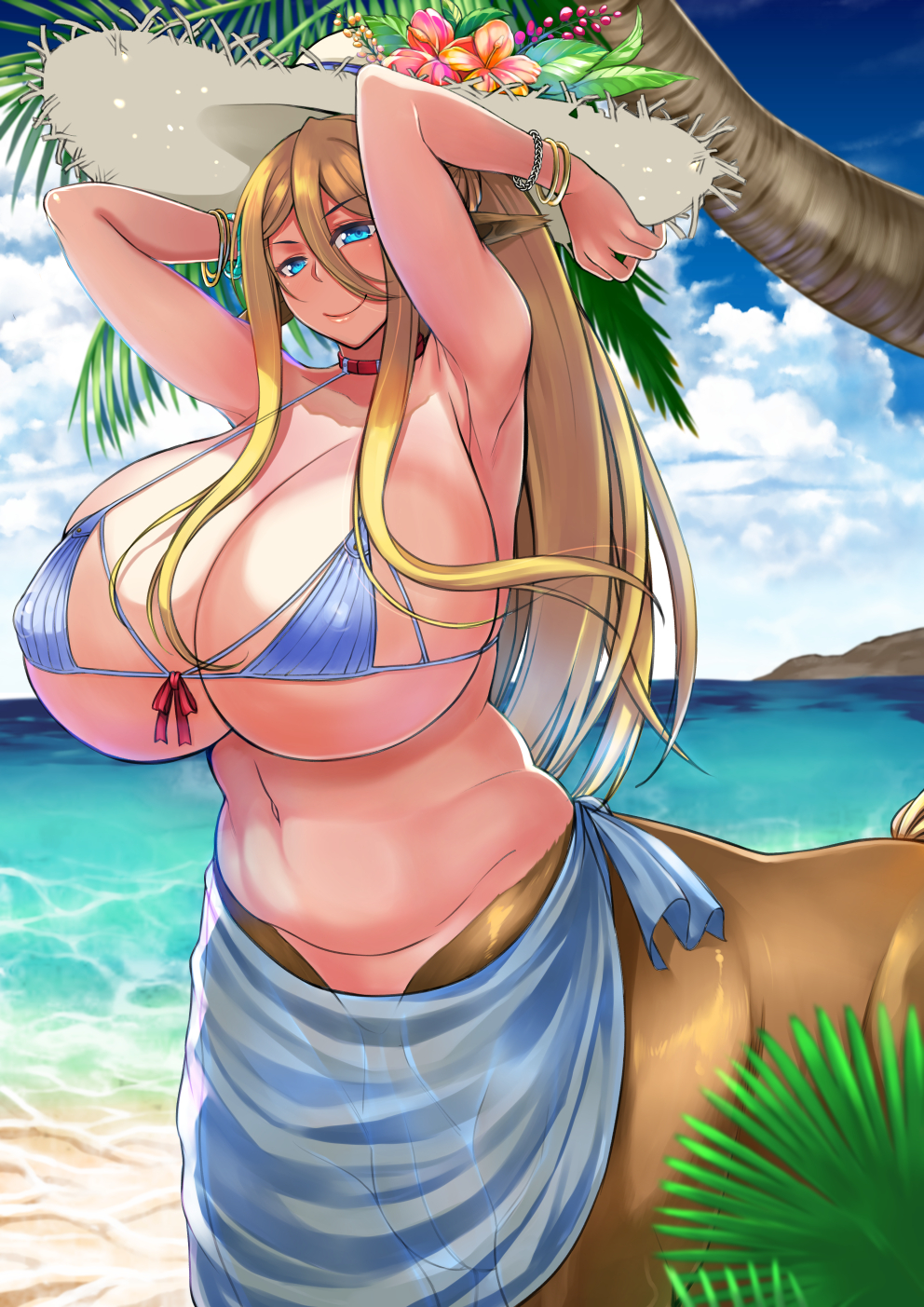 animal_ears beach bikini_top blonde_hair centaur centauress centauride centorea_shianus cleavage curvy female hat huge_breasts long_hair monster_girl monster_musume_no_iru_nichijou outdoor pareo