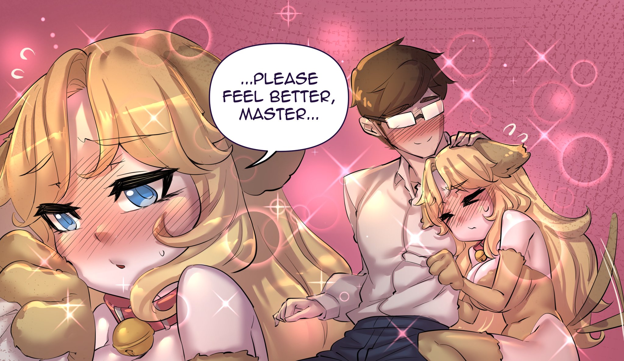 blush, cuddling, dog ears, elbow gloves, english text, head pat, merryweather, speech bubble, tail wagging, text, thighhighs, wagging tail, wholesome