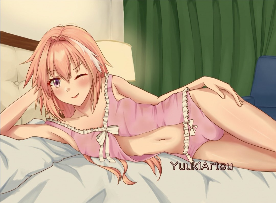 1boy astolfo_(fate) bed bedroom blush bulge fate_(series) femboy feminine_male girly indoors male male_only on_bed one_eye_closed otoko_no_ko otokonoko pink_hair purple_eyes solo tomgirl trap wink yuukiartsu