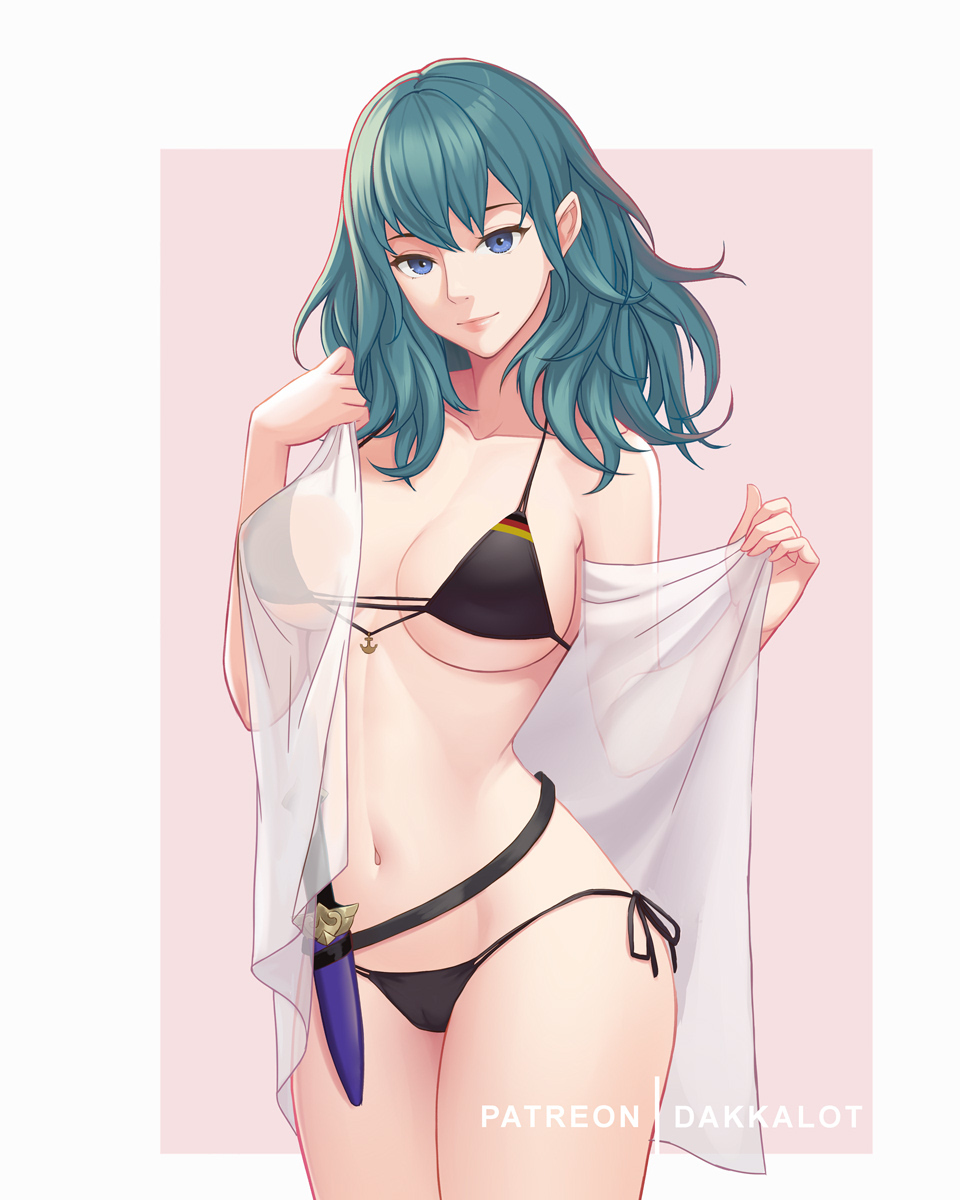 alternate costume, bare legs, belly, belly button, bikini, black swimsuit, blue eyes, breasts, byleth (fire emblem), byleth (fire emblem) (female), dagger, dakkalot, female, fire emblem, fire emblem: three houses, knife, large breasts, lips, looking at viewer, medium hair, navel, nintendo, partially visible vulva, pussy, see-through, see-through clothing, sideboob, small bikini, smile, string bikini, swimsuit, teal hair, underboob, veil