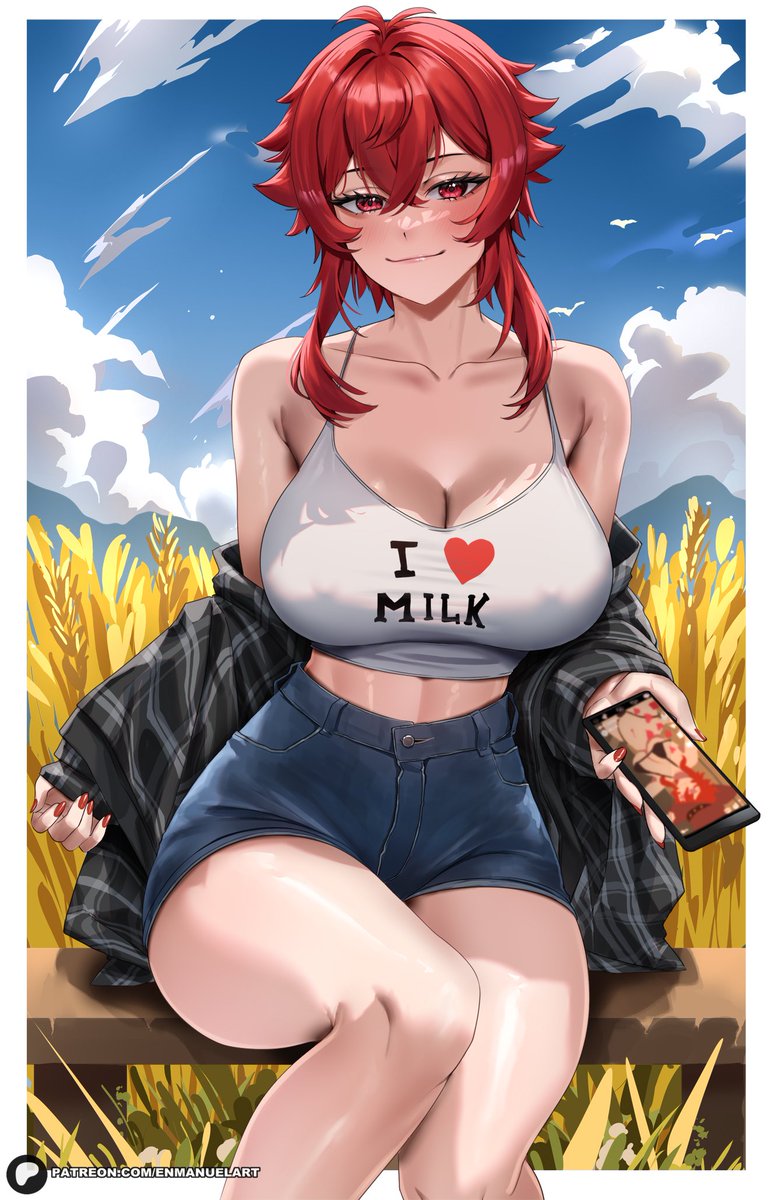 1girls, aizawa tomo, bare legs, bare shoulders, big breasts, blush, breasts, clothed, clothing, color, english text, enmanuelart20, female, female focus, female only, fit, fit female, hi res, hourglass figure, jean shorts, large breasts, light skin, light-skinned female, looking at viewer, milk, nipples visible through clothing, no bra, red eyes, red hair, shirt, short hair, sitting, slim waist, smartphone, smile, solo, solo female, tagme, text, thick thighs, tomboy, tomo-chan wa onna no ko, wide hips