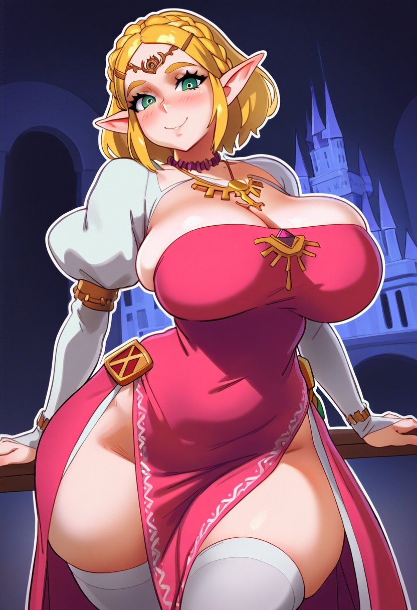 1girls, ai generated, big breasts, bimbo, blonde hair, blush, breasts, cleavage, curvaceous, curvy, dress, eyebrows, female, female only, front view, green eyes, humanoid pointy ears, large breasts, light skin, light-skinned female, long sleeves, looking at viewer, necklace, nintendo, oppai, pointy ears, princess zelda, puffy sleeves, short hair, skindentation, smile, solo, solo female, standing, tears of the kingdom, the legend of zelda, thick eyebrows, thick thighs, thighhighs, white legwear, wide hips, zelda (tears of the kingdom)