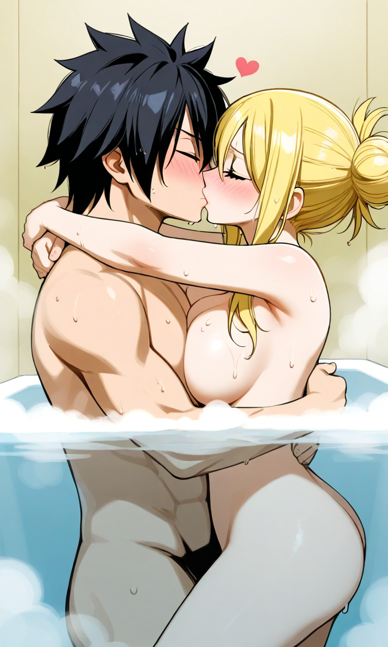 ai_generated bathtub black_hair blonde_hair blushing_at_partner breasts bun fairy_tail gray_fullbuster hair_tied_up kissing lucy_heartfilia pixai romantic_couple steam water wholesome