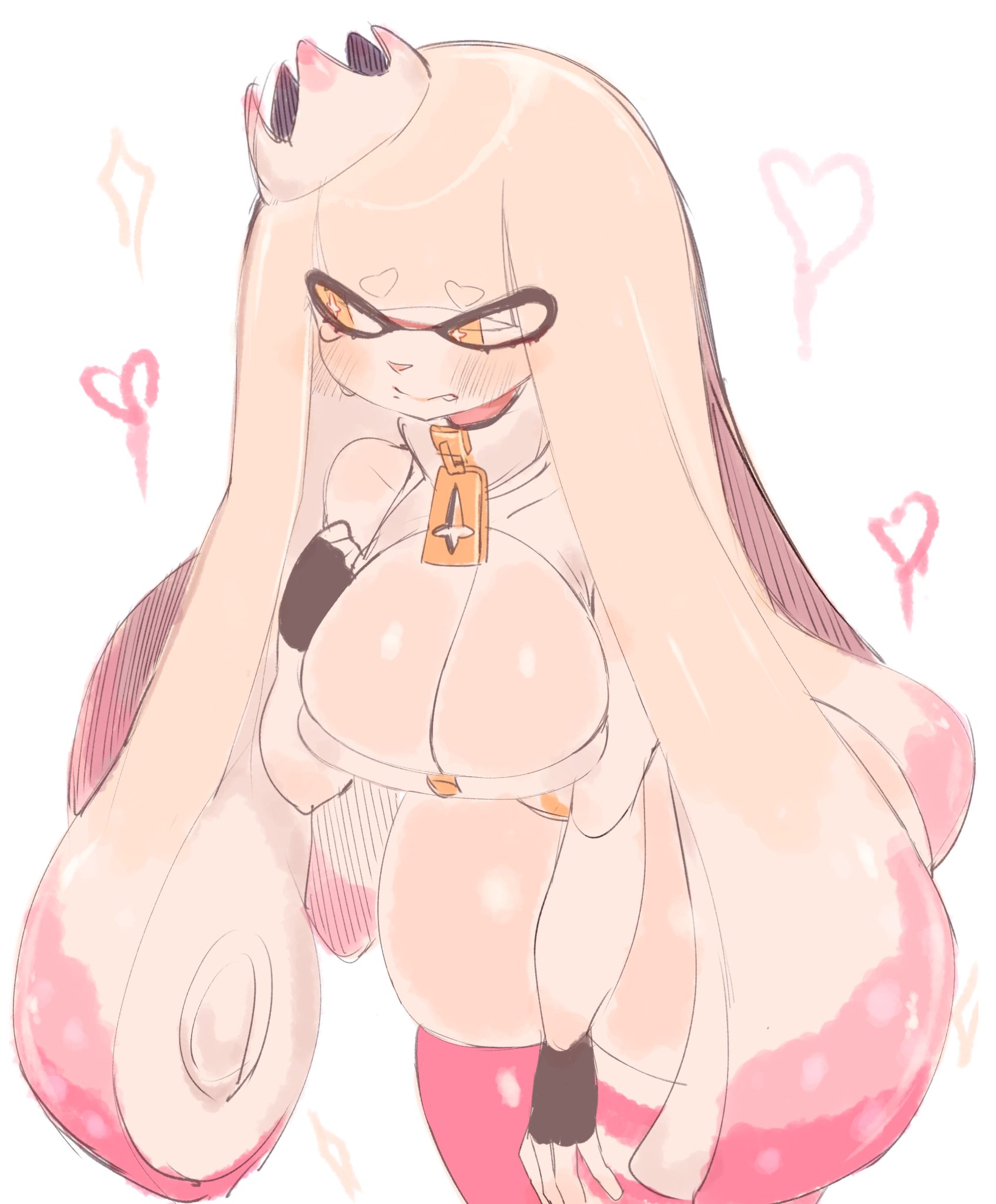 1girls, alternate breast size, alternate hairstyle, breasts, cleavage, crown, female, hi res, huge breasts, inkling, light skin, light-skinned female, long hair, nintendo, pearl (splatoon), simple background, splatoon, splatoon (series), splatoon 2, tall pearl, tentacle hair, thighhighs, usa37107692