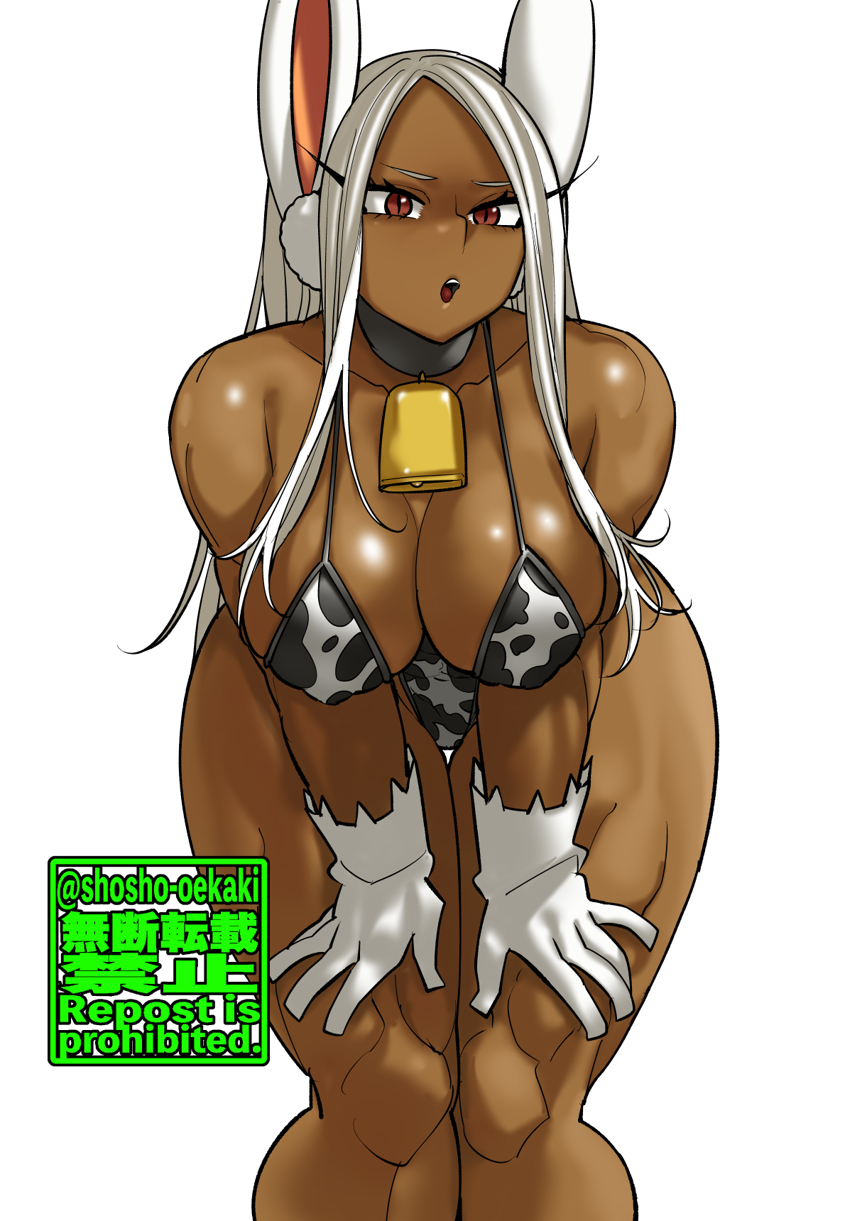 1girls, bikini, bunny ears, collar, cow bikini, cow print, cowbell, dark skin, dark-skinned female, female, gloves, leaning forward, looking at viewer, miruko, muscular, muscular female, my hero academia, red eyes, rumi usagiyama, shosho oekaki, solo, solo female, superheroine, tan, white hair
