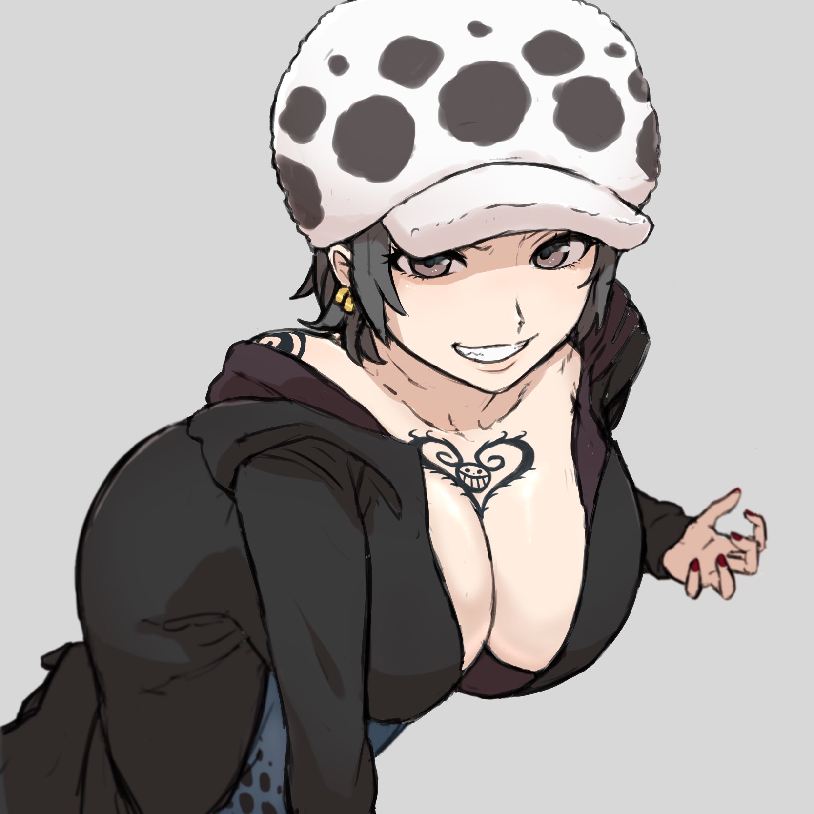 bending forward, big breasts, black hair, breast tattoo, breasts, canon genderswap, chest tattoo, cleavage, coat, color, earrings, female, female only, fully clothed, genderswap, genderswap (mtf), goa 89, grey eyes, grin, hanging breasts, hat, headgear, headwear, hoodie, jacket, large breasts, light skin, light-skinned female, looking at viewer, nail polish, no bra, off shoulder, one piece, rule 63, short hair, shoulder tattoo, smile, solo, tattoo, trafalgar law, trafalgar law (female)