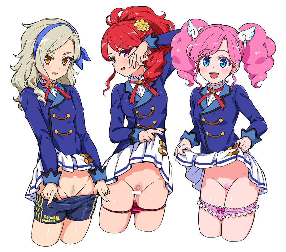 3girls aikatsu! aikatsu!_(series) amahane_madoka blonde_hair blonde_pubic_hair blue_eyes censored colored_pubic_hair flower hair_flower hair_ornament hairband kurebayashi_juri kurosawa_rin_(aikatsu!) lifted_by_self long_hair looking_at_viewer multiple_girls naughty_face open_mouth orange_eyes pink_hair pink_pubic_hair ponytail pubic_hair purple_eyes pussy red_hair red_pubic_hair ribbon school_uniform skirt smile starlight_academy_uniform twintails white_background wing_hair_ornament yoban