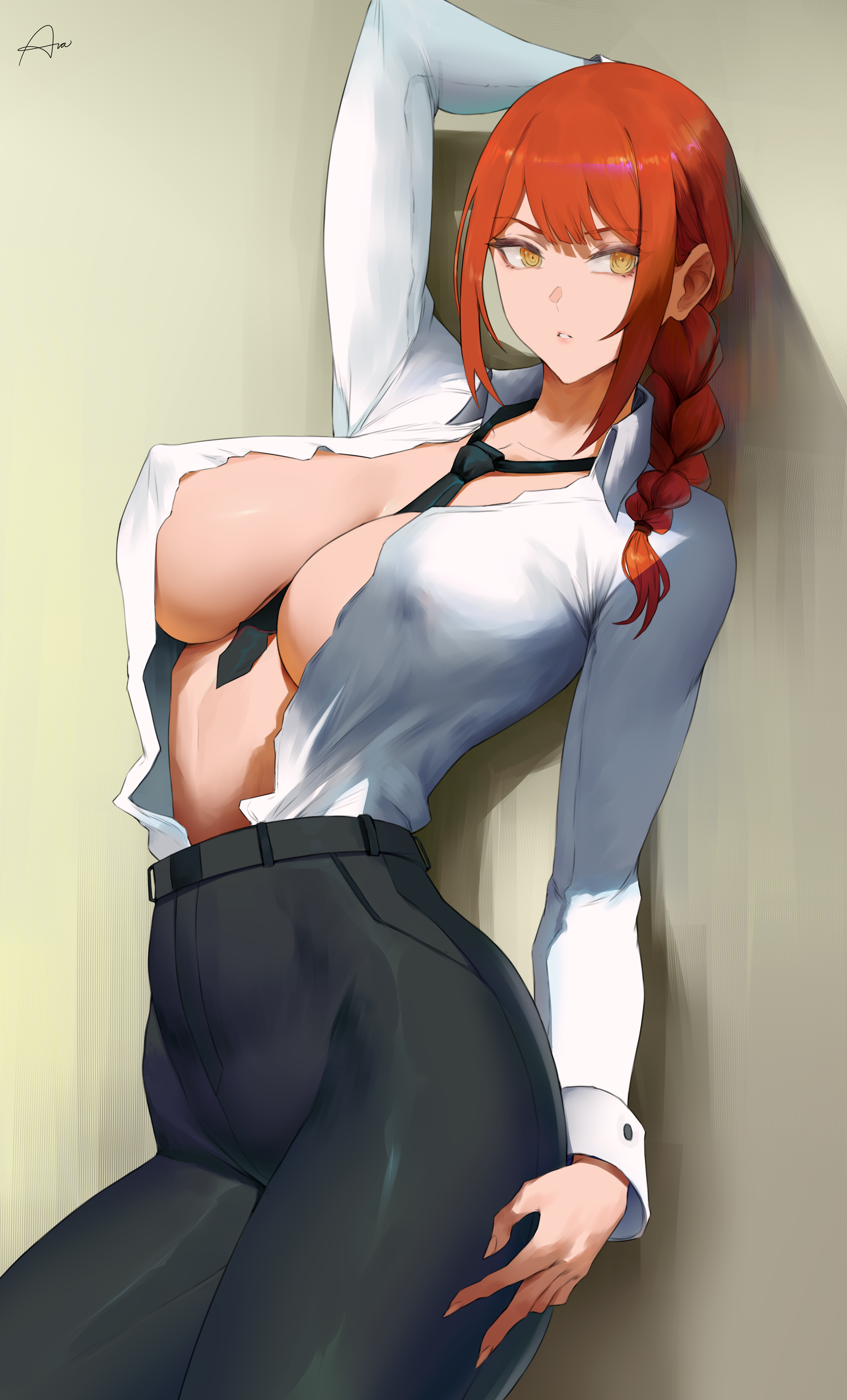 1girls, araneesama, breasts, chainsaw man, female, light skin, light-skinned female, long hair, makima (chainsaw man), pointy chin, red hair, red-haired female, thick thighs, uncensored, yellow eyes