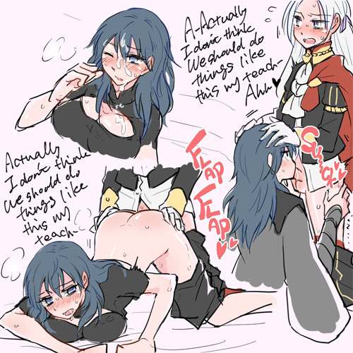 1futa, 1girls, all fours, ambiguous penetration, ass, ass up, balls, big balls, big testicles, blue eyes, blue hair, blush, breasts, byleth (fire emblem), byleth (fire emblem) (female), cleavage, cum, cum on face, dialogue, edelgard von hresvelg, english text, face down ass up, fellatio, female, fire emblem, fire emblem: three houses, futanari, hand on ass, intersex, large breasts, long hair, nagasawa (tthnhk), nintendo, pants, pants down, purple eyes, sex, student, teacher, teacher and student, testicles, text, top-down bottom-up, white hair