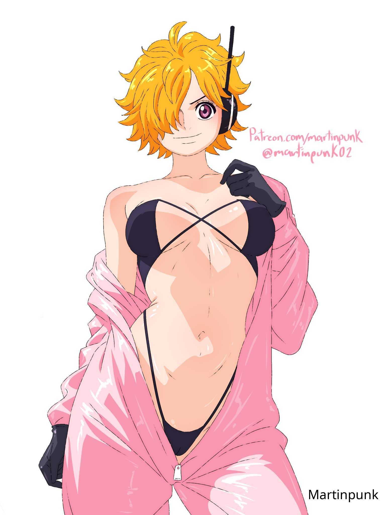 1girls, 2d, 2d (artwork), 2d artwork, bare belly, bare chest, bare midriff, bare navel, bare shoulders, bare skin, belly, belly button, bikini, bikini bottom, bikini top, black bikini, black bikini bottom, black bikini top, black gloves, black swimsuit, black swimwear, blonde female, blonde hair, blonde hair female, blonde-haired female, breasts, cleavage, closed mouth smile, collarbone, digital, digital art, digital drawing, digital drawing (artwork), digital media, digital media (artwork), exposed belly, exposed chest, exposed midriff, exposed navel, exposed shoulders, exposed skin, female, female focus, female only, fingers, gloves, groin, half naked, half nude, headphones, headset, high resolution, highres, large breasts, lean figure, linea alba, looking at viewer, looking down, looking down at viewer, martinpunk, midriff, naked, naked female, naked woman, narrow waist, navel, nude, nude female, nudity, one piece, pink eyes, pink-eyed female, post-timeskip, revealing clothes, semi nude, shiny clothes, short hair, shoulders, simple background, slender body, slender waist, slim waist, smile, smiley face, smiling, smiling at viewer, solo, standing, stomach, string bikini, swimsuit, swimwear, underboob, upper body, vegapunk lilith, white background, wide hips, yellow hair, yellow-haired female