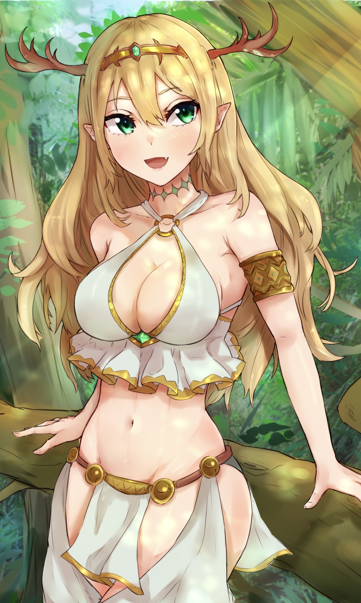 antlers, artist request, blonde female, blonde hair, breasts, character request, copyright request, elf ears, female, forest background, green eyes, light skin, light-skinned female, medium breasts, pointy ears, tagme
