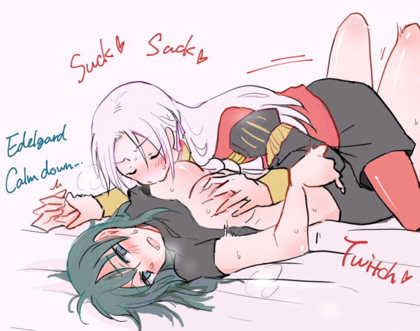 2girls, blue eyes, blush, breast sucking, breasts, byleth (fire emblem), byleth (fire emblem) (female), closed eyes, dialogue, eager, edelgard von hresvelg, english text, female, fire emblem, fire emblem: three houses, heavy breathing, large breasts, lesbian, lezdom, light skin, light-skinned female, long hair, multiple females, multiple girls, nagasawa (tthnhk), nintendo, nipples, pale skin, pale-skinned female, sucking, teal hair, text, white hair, yuri