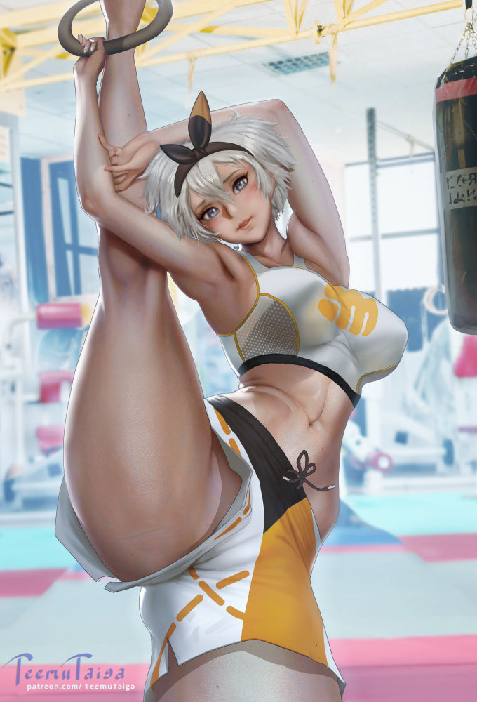 1girls arms_up ass bare_legs bare_shoulders bea_(pokemon) big_breasts blush clothed clothing color dark-skinned_female dark_skin exercise female female_focus female_only game_freak grey_eyes grey_hair gym gym_clothes gym_leader gym_uniform hi_res large_breasts leg_up looking_at_viewer nintendo pokemon pokemon_ss pokemon_trainer short_hair solo solo_female stretching tagme teemu_taiga thick_thighs tomboy workout