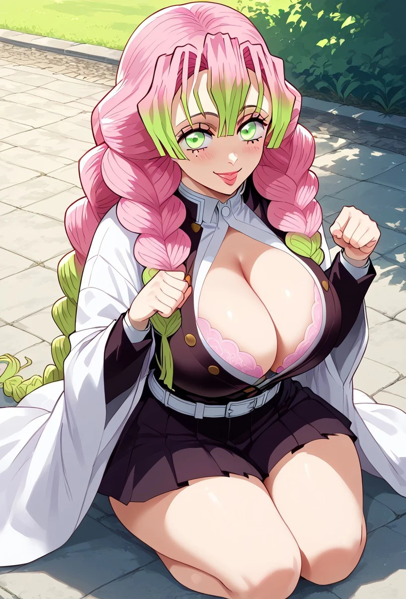 ai_generated bare_thighs braided_ponytail demon_slayer gigantic_breasts green_eyes huge_breasts huge_thighs kanroji_mitsuri kimetsu_no_yaiba light-skinned_female light_skin livefrog looking_at_viewer massive_breasts multicolored_hair pink_hair shounen_jump smiling solo_female squatting sweat sweatdrop thick_body thick_female thick_thighs thighs voluptuous voluptuous_female