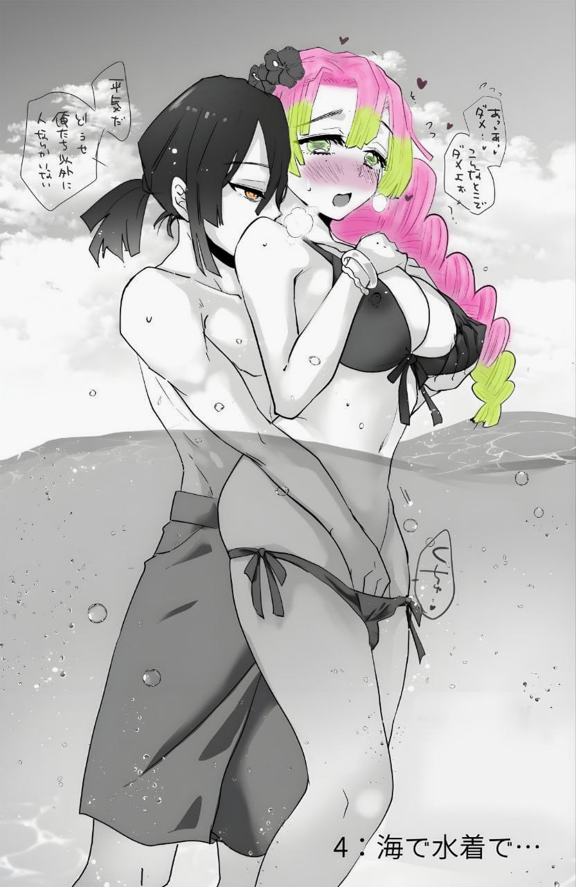 1boy 1girls big_breasts bikini blush canon_couple cleavage demon_slayer female from_behind groping groping_from_behind hand_in_swimsuit hand_under_clothes iguro_obanai kamiyasuika kanroji_mitsuri kimetsu_no_yaiba male monochrome ocean standing swimsuit taller_girl underwater visible_breath water