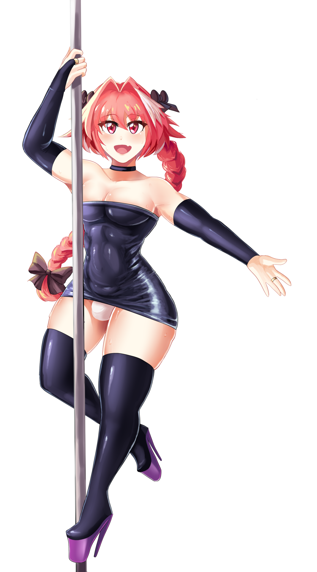 1boy, abs, androgynous, astolfo (fate), balls, balls in panties, black bow, black dress, black ribbon, bow, braid, braided ponytail, bulge, choker, clothing, crossdressing, curvy, dress, eyebrows visible through hair, eyelashes, fang, fate (series), fate/apocrypha, femboy, fully clothed, girly, hair bow, hair ribbon, hairbow, high heel boots, high heels, highres, lips, looking at viewer, male, male only, muscles, muscular, muscular male, open mouth, panties, pantyshot, penis, penis in panties, pink eyes, pink hair, pole, pole dancing, ponytail, ribbon, sexually suggestive, sissy, smile, smiling, solo, sweat, sweatdrop, testicles, thick thighs, thigh boots, thighhighs, trap, two-tone hair, white background, white hair, white panties, wide hips, xiceowl