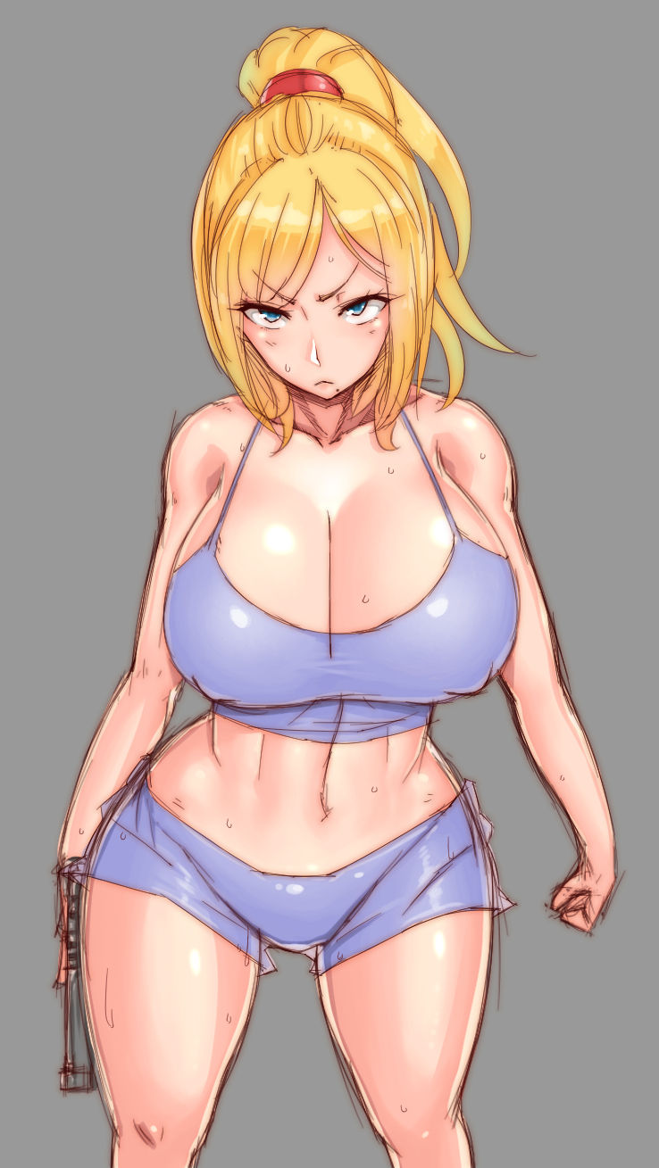 1girls alternate_version_available angry bikini blonde_hair blue_eyes breasts gun huge_ass huge_breasts large_breasts looking_at_viewer metroid nintendo samus_aran short_hair sweat underwear underwear_only wolffeld wolffeld_price yellow_hair