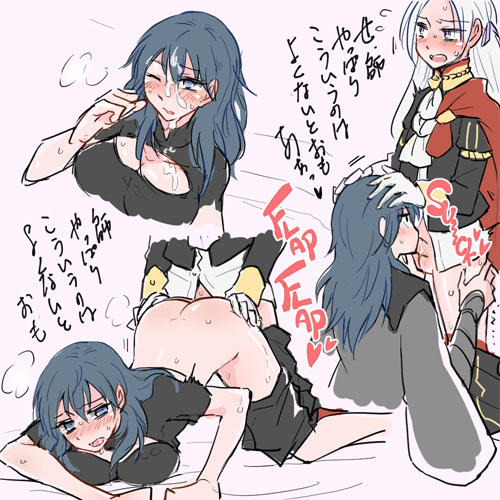 1futa, 1girls, all fours, ass, ass up, balls, big balls, big testicles, blue eyes, blue hair, blush, breasts, byleth (fire emblem), byleth (fire emblem) (female), cleavage, cum, cum on face, dialogue, edelgard von hresvelg, face down ass up, fellatio, female, fire emblem, fire emblem: three houses, futanari, intersex, large breasts, long hair, nagasawa (tthnhk), nintendo, purple eyes, sex, testicles, text, white hair