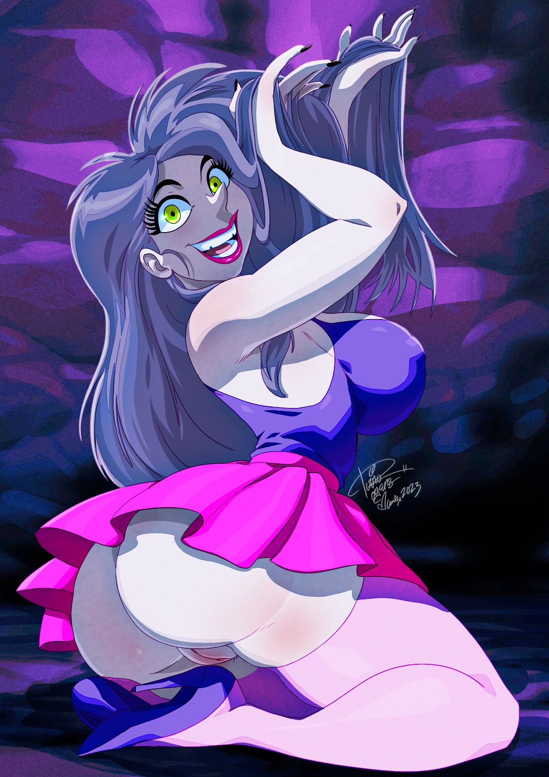 1girls, 2023, arms, arms up, ass, big ass, big breasts, bottomless, bottomless skirt, breasts, disney, disney villains, female, female only, green eyes, hands, hands in hair, high heels, legs, lips, lipstick, long hair, looking at viewer, madam mim, microskirt, miniskirt, no panties, open mouth, pink stockings, purple hair, purple heels, pussy, skirt, smile, smiling, stockings, teeth, the sword in the stone, thighhighs, tongue, tovio rogers, upskirt, witch