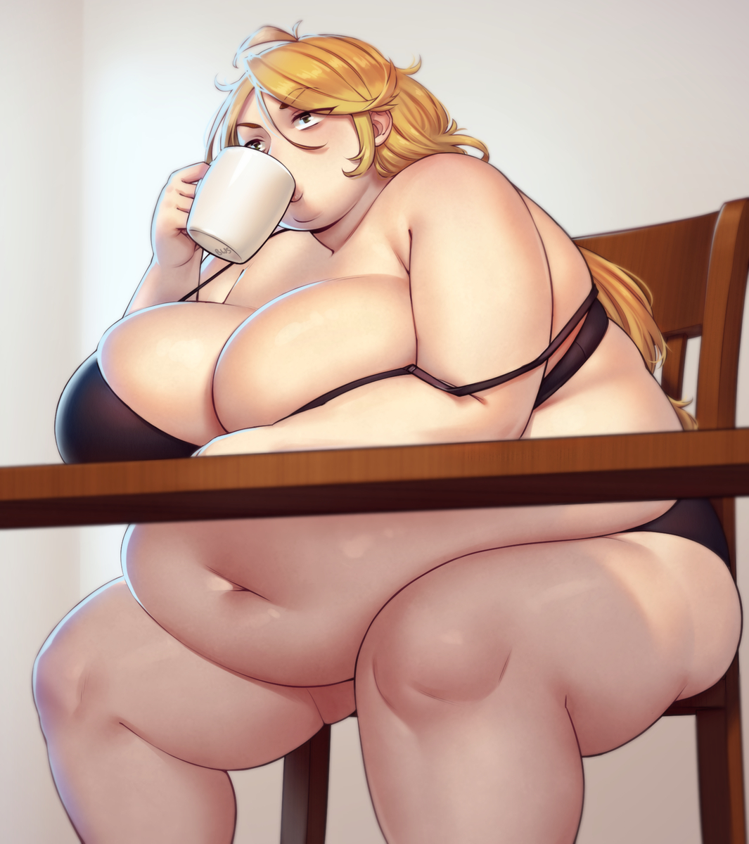1girls, 2023, bbw, belly, better with salt, blonde hair, breasts, chair, chubby, chubby female, cleavage, eyebrows visible through hair, fat, female, female focus, hi res, high resolution, highres, huge belly, huge breasts, long hair, mug, navel, obese, obese female, oc, plump, sammy (better with salt), sitting, solo, solo female, solo focus, table, voluptuous