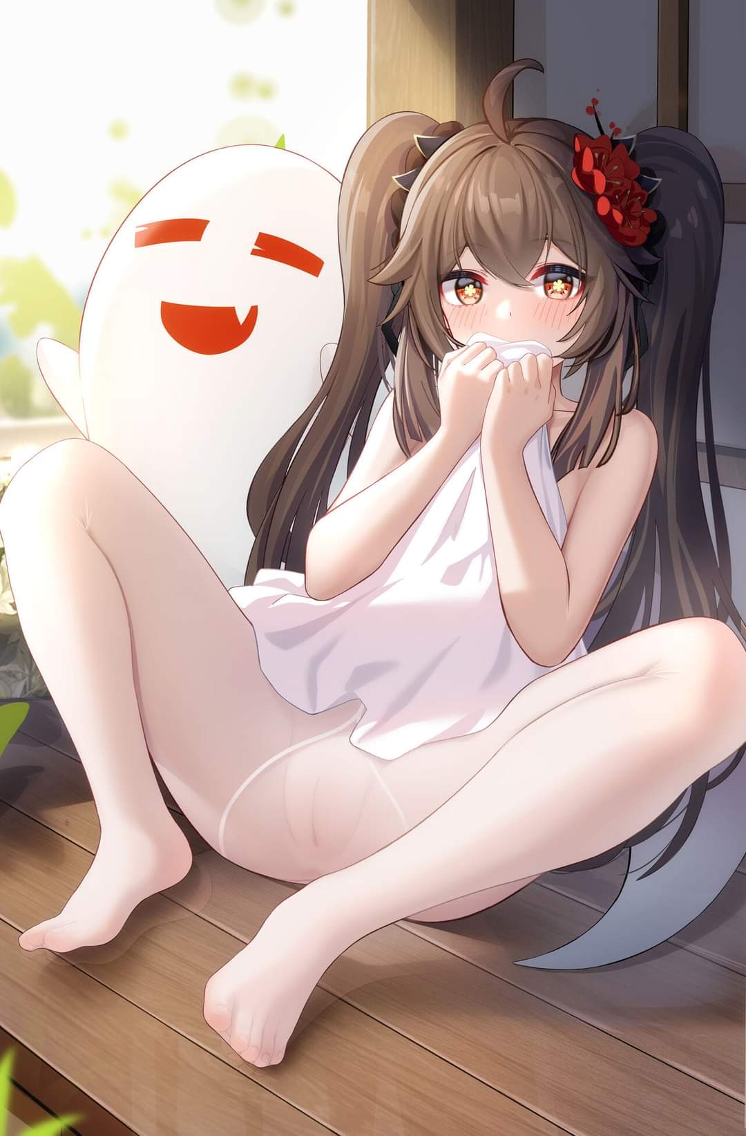 female, genshin impact, hu tao (genshin impact), panties, solo female, white panties, white pantyhose