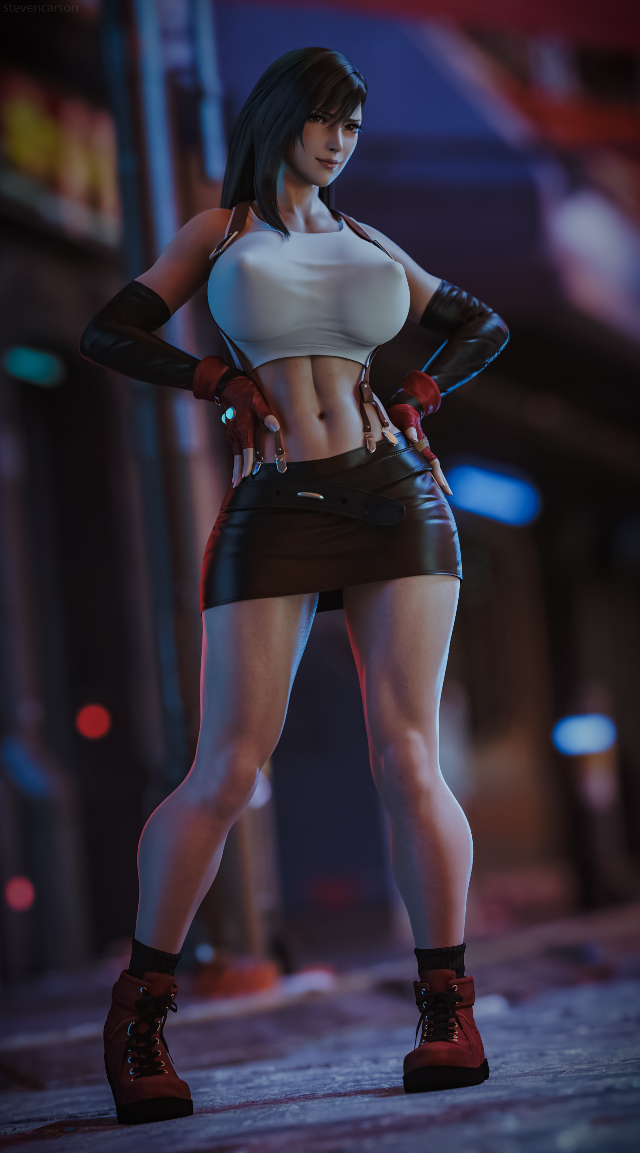 1girls, 3d, abs, absurdres, big breasts, breasts, cleavage, dissidia, dissidia final fantasy, erect nipples, female, female only, final fantasy, final fantasy vii, hand on hip, highres, huge breasts, large breasts, nipple bulge, nipples, solo, spread legs, standing, stevencarson, thick thighs, tifa lockhart, wide hips