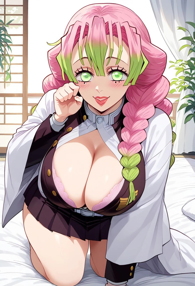 ai_generated bare_thighs braided_ponytail demon_slayer gigantic_breasts green_eyes huge_breasts huge_thighs kanroji_mitsuri kimetsu_no_yaiba light-skinned_female light_skin livefrog looking_at_viewer massive_breasts multicolored_hair pink_hair shounen_jump smiling solo_female squatting sweat sweatdrop thick_body thick_female thick_thighs thighs voluptuous voluptuous_female