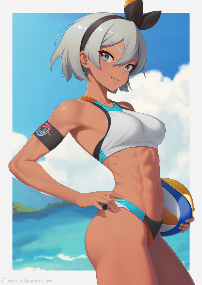 1girls abs armband athletic athletic_female bea_(pokemon) beach breasts clouds female fit fit_female grey_eyes grey_hair hairband hand_on_hip holding_volleyball looking_at_viewer medium_breasts midriff navel nintendo ocean outside pokemon pokemon_ss putcher short_hair sky solo volleyball volleyball_uniform water