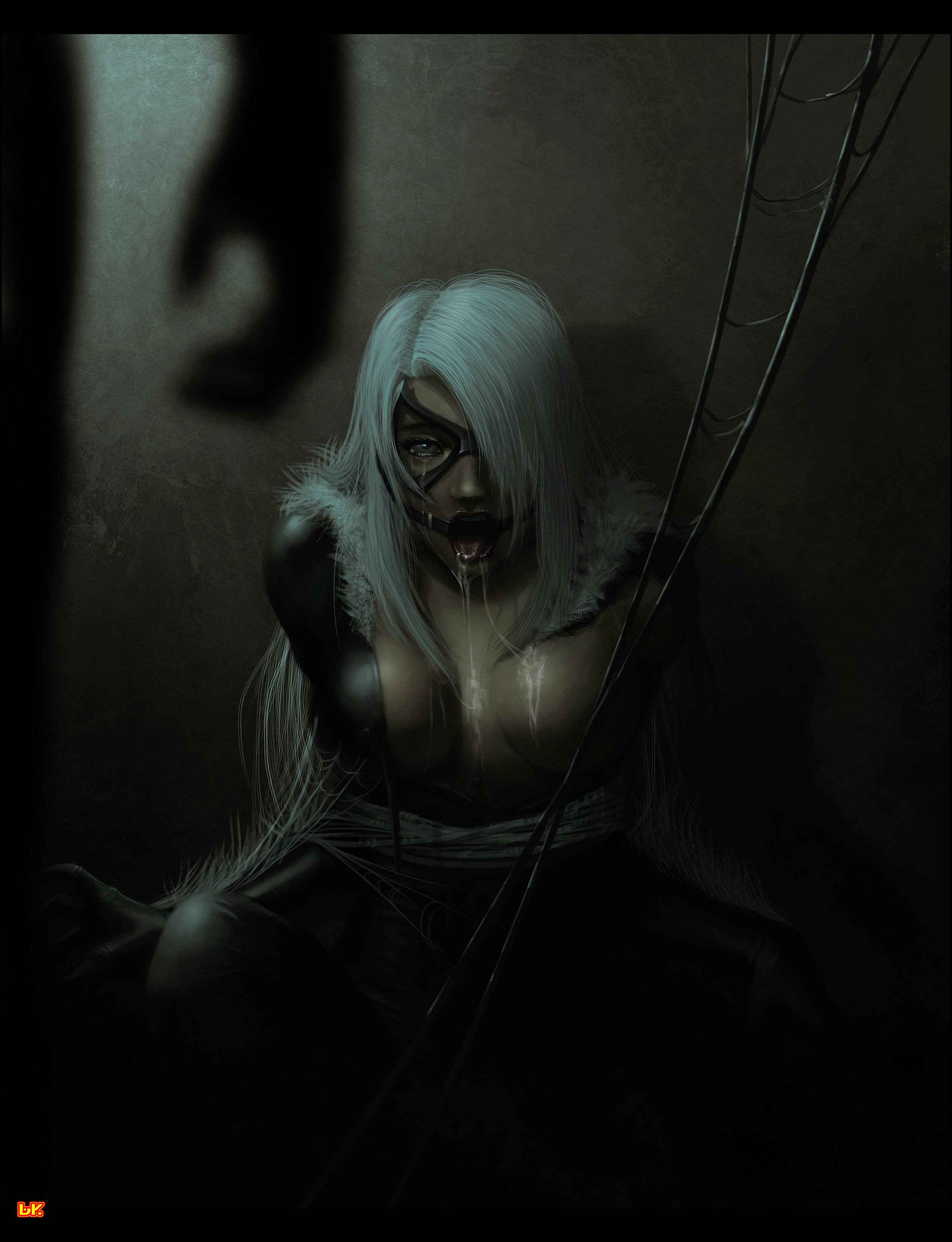 1girls, 2011, bakart, black cat (marvel), bodysuit, bondage, bound, breasts, captured, captured heroine, crying, cum in mouth, dark background, felicia hardy, female, gag, gagged, helpless, kidnapped, marvel, marvel comics, old art, open mouth, spider-man (series), tears, tied up, tongue, tongue out, white hair, zipper down, zipper pull tab