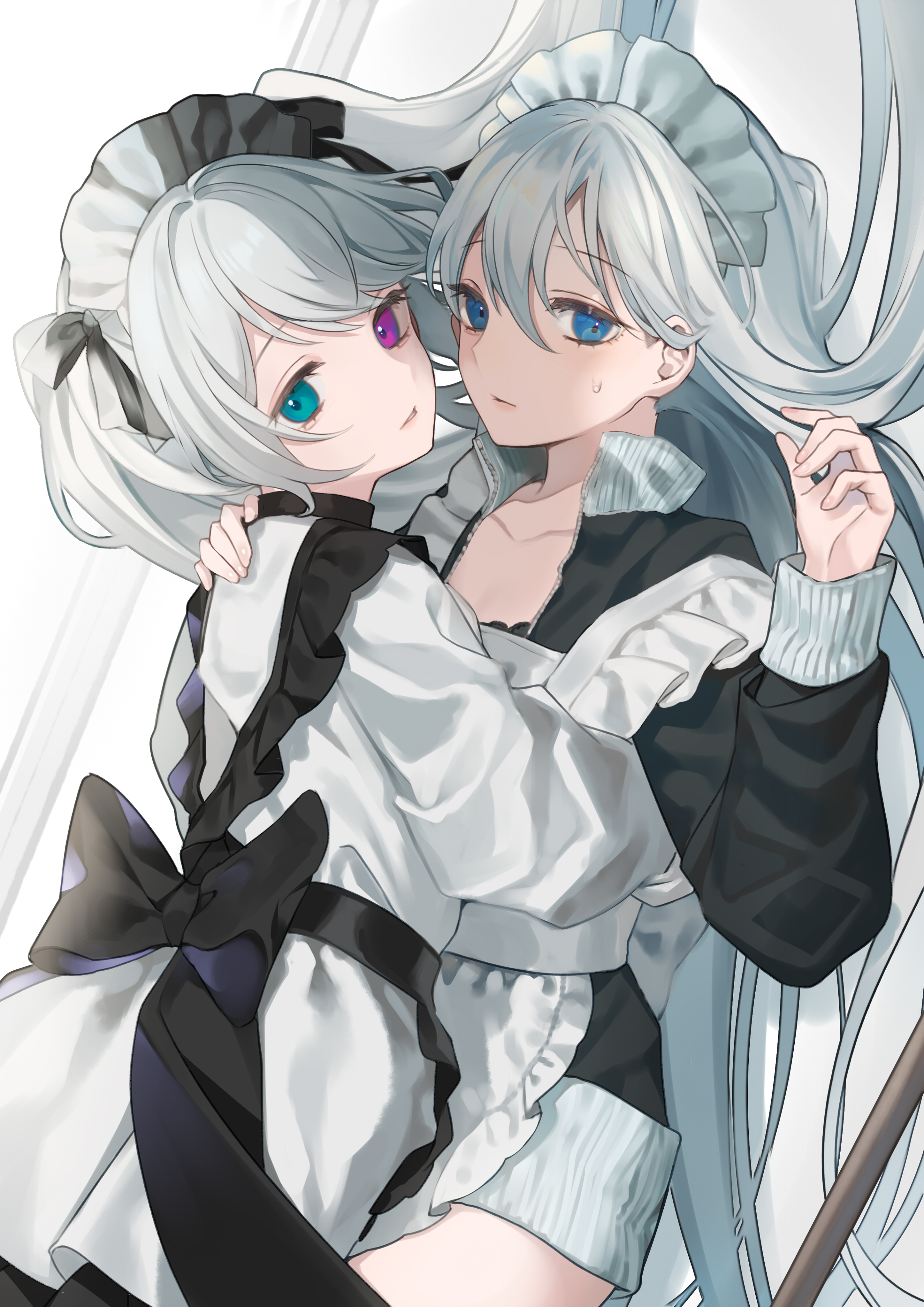25ji miku, 2girls, apron, aqua eyes, back bow, bangs, black apron, black jacket, blue eyes, bow, bra, closed mouth, collarbone, cowboy shot, daimaou ruaeru, dress, female, frilled apron, frills, grey hair, hair between eyes, hatsune miku, heterochromia, jacket, long hair, long sleeves, looking at viewer, lying, lying on person, maid, maid apron, maid headdress, multiple females, multiple girls, nightcord at 25:00, on back, open clothes, open jacket, project sekai, purple eyes, sweatdrop, twintails, very long hair, vocaloid, white apron, yoisaki kanade, yuri