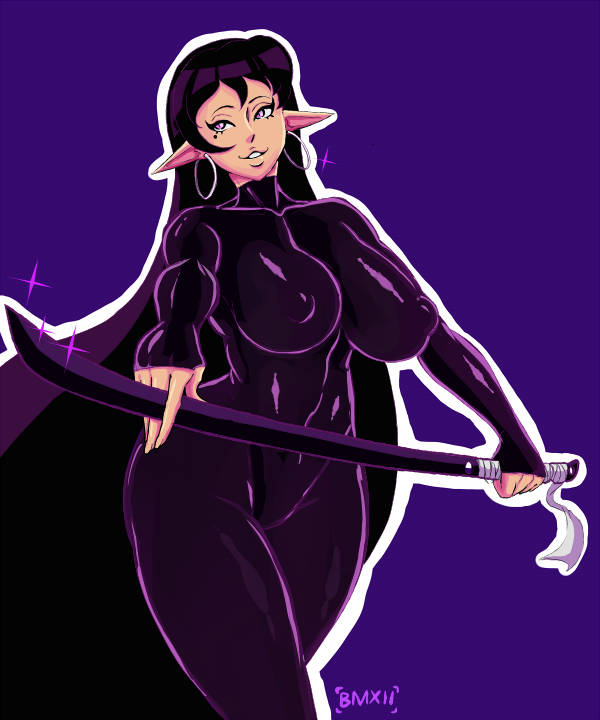 1girls big_breasts black_hair bmxii bodysuit breasts dark_elf dark_skin earrings elf female female_only jpeg latex latex_suit long_hair miffyre_(bmxii) nipple_bulge original original_character purple_bodysuit purple_eyes signature skin_tight solo thick_thighs tight_clothing